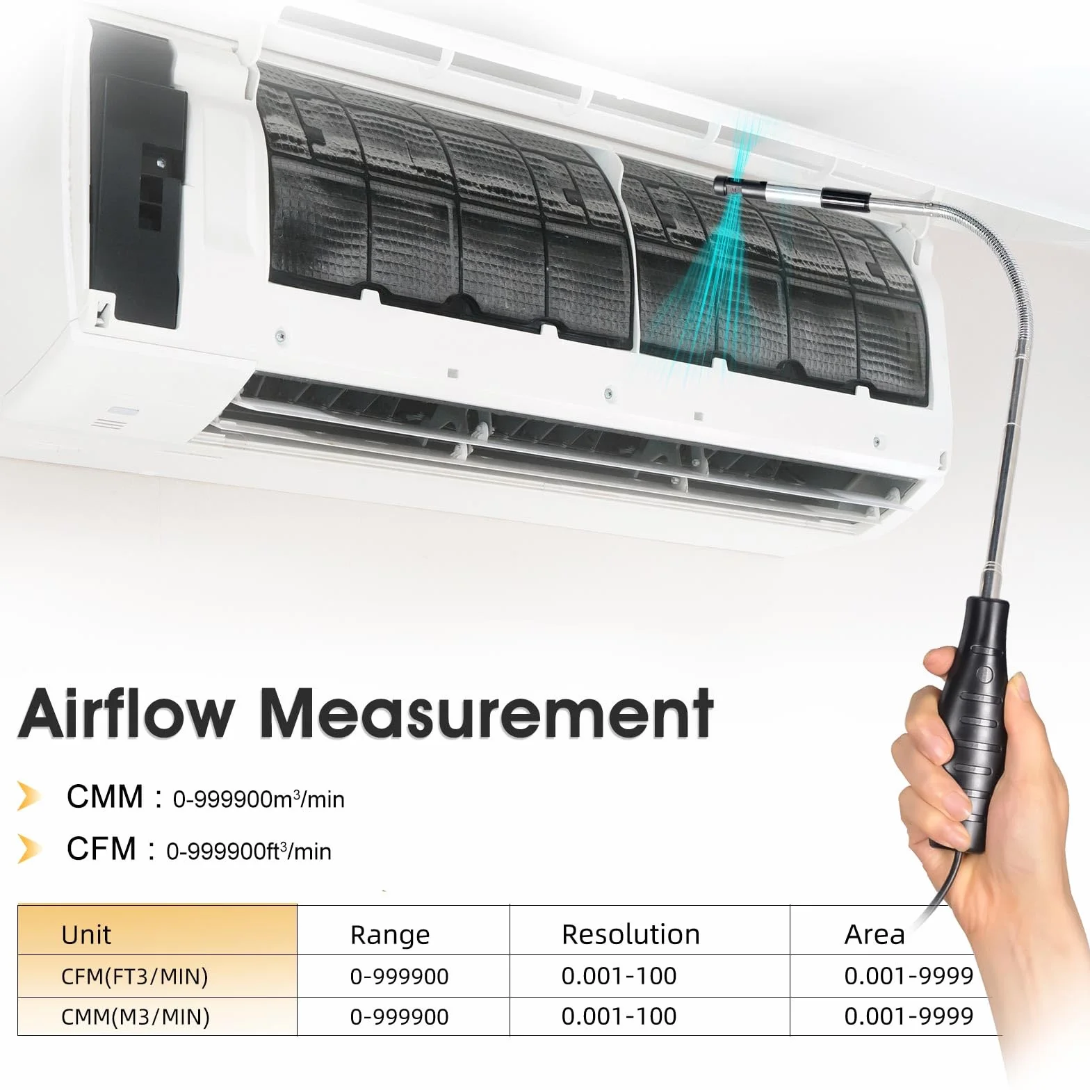 Anémomètre Portable, Anémomètre à fil Chaud pour CVC Avec Vitesse du Vent et Vitesse du Flux D'air 0,1-30 m/s CFM/CMM Débit D'air 0-999900 MAX/MIN/AVG Température et Rétroéclairage écran LCD AP-9000F