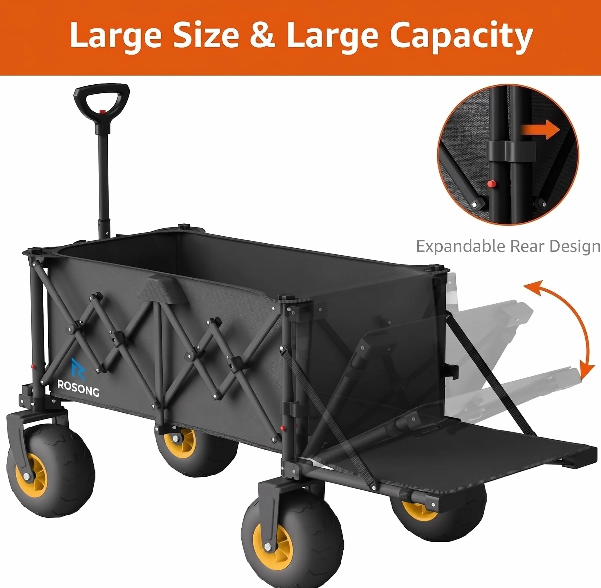 ROSONG Chariot de Plage Pliable avec Grosses Roues Chariot de Transport Tout-Terrain avec Hayon pour Objets Longs Remorque Jardin et Plage Camping Jardin, Noir
