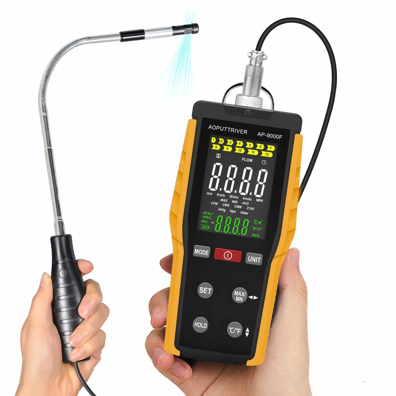 Anémomètre Portable, Anémomètre à fil Chaud pour CVC Avec Vitesse du Vent et Vitesse du Flux D'air 0,1-30 m/s CFM/CMM Débit D'air 0-999900 MAX/MIN/AVG Température et Rétroéclairage écran LCD AP-9000F