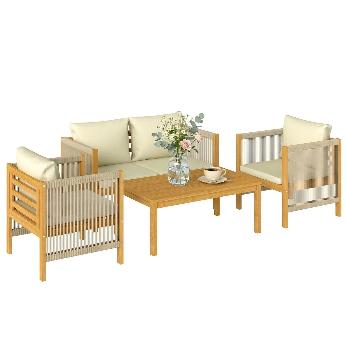 Outsunny Salon de Jardin 4 Pièces en Bois d'Acacia - Ensemble de Mobilier avec Coussins Déhoussables et Corde Tressée - Canapé 2 Places, 2 Fauteuils et Table Basse, Style Bohème Chic, Naturel