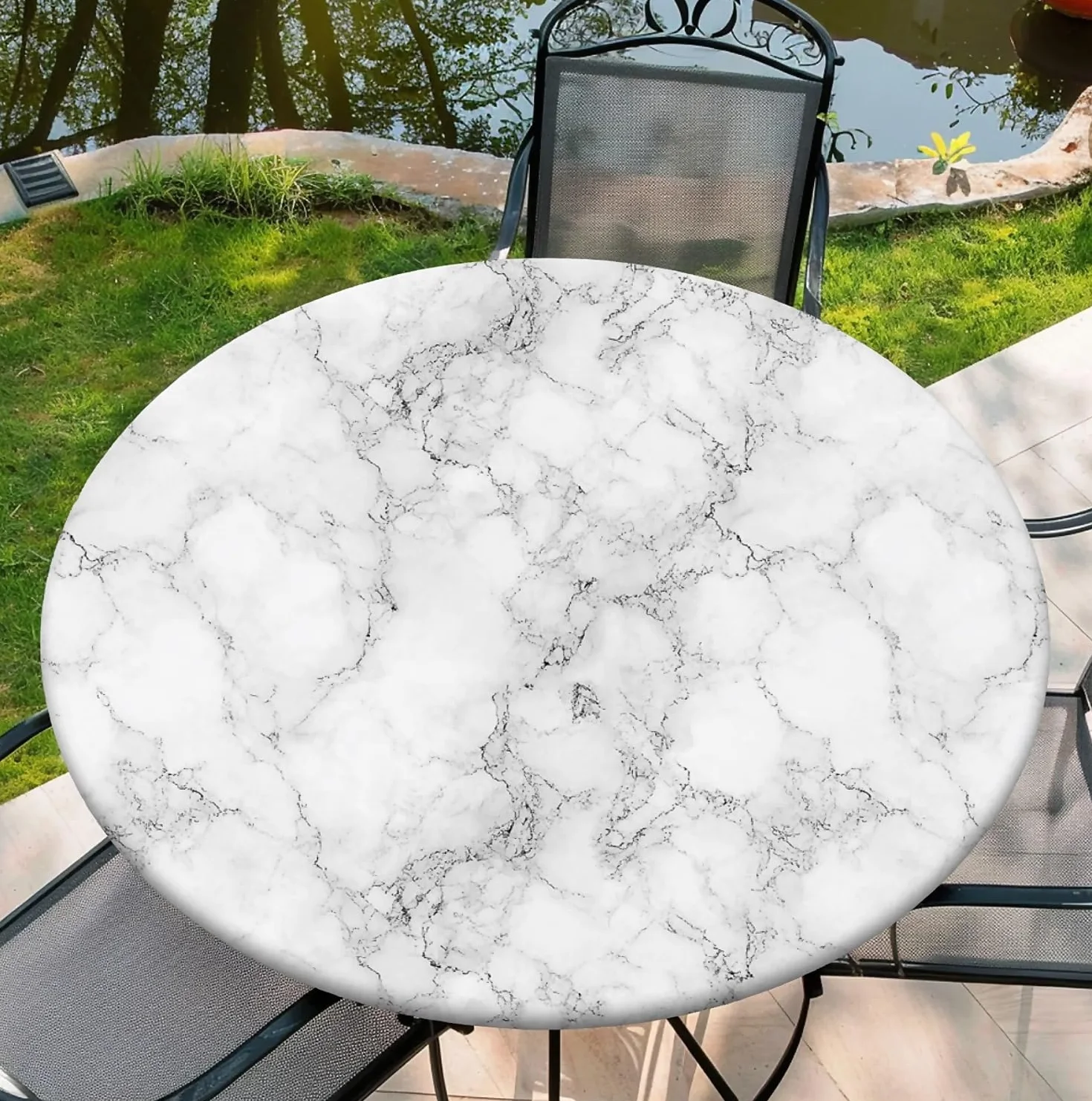 Nappe Ronde d'extérieur 90 cm (36 Pouces) imperméable extensible avec Bande élastique - Marbre Blanc