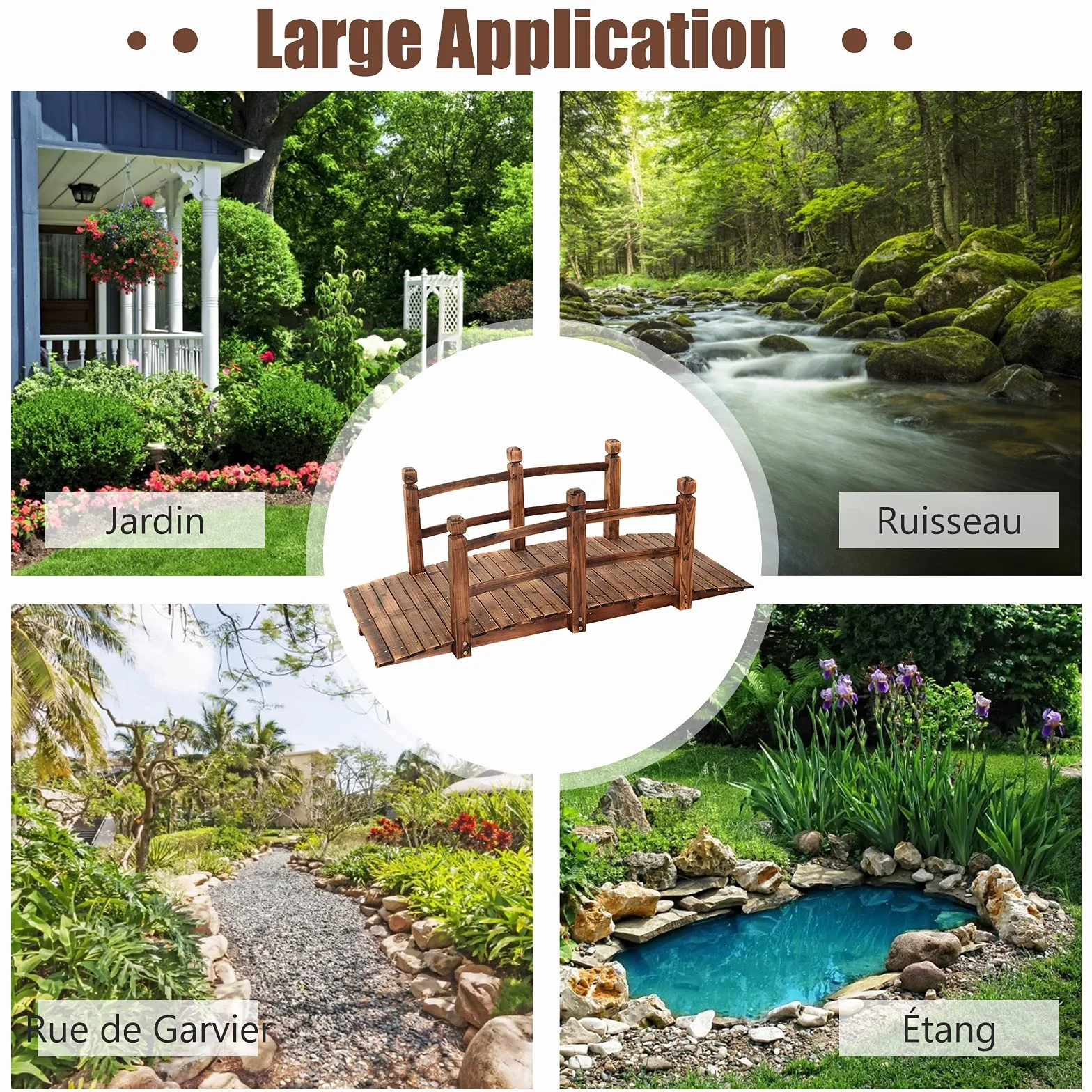 GOPLUS Pont en Bois Rustique et Massif avec Main Courante, Décoration de Jardin Pont d'Étang, Supporte de Poids Maximum 100 KG, 150 x 67 x 55CM (Brun)