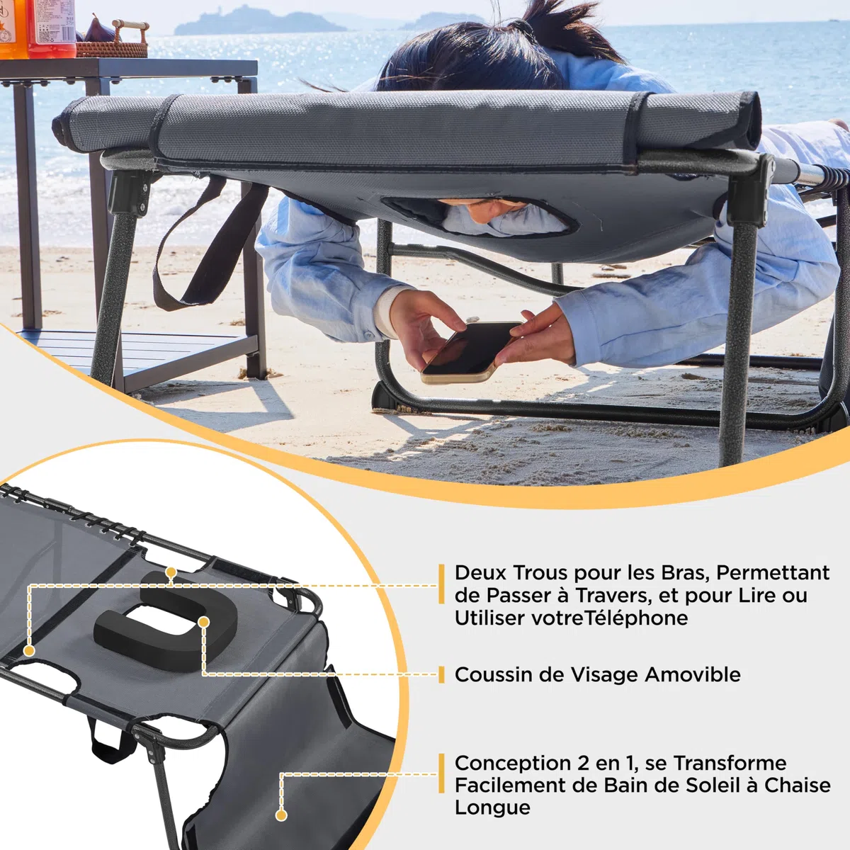 Abician Transat Jardin Exterieur Inclinable à 5 Positions avec Matelas Bains de Soleil Pliable Multifonctionnel avec Appuie-tête, Poche pour Lecture Bronzer Le Dos Piscine Plage Patio Terrasse