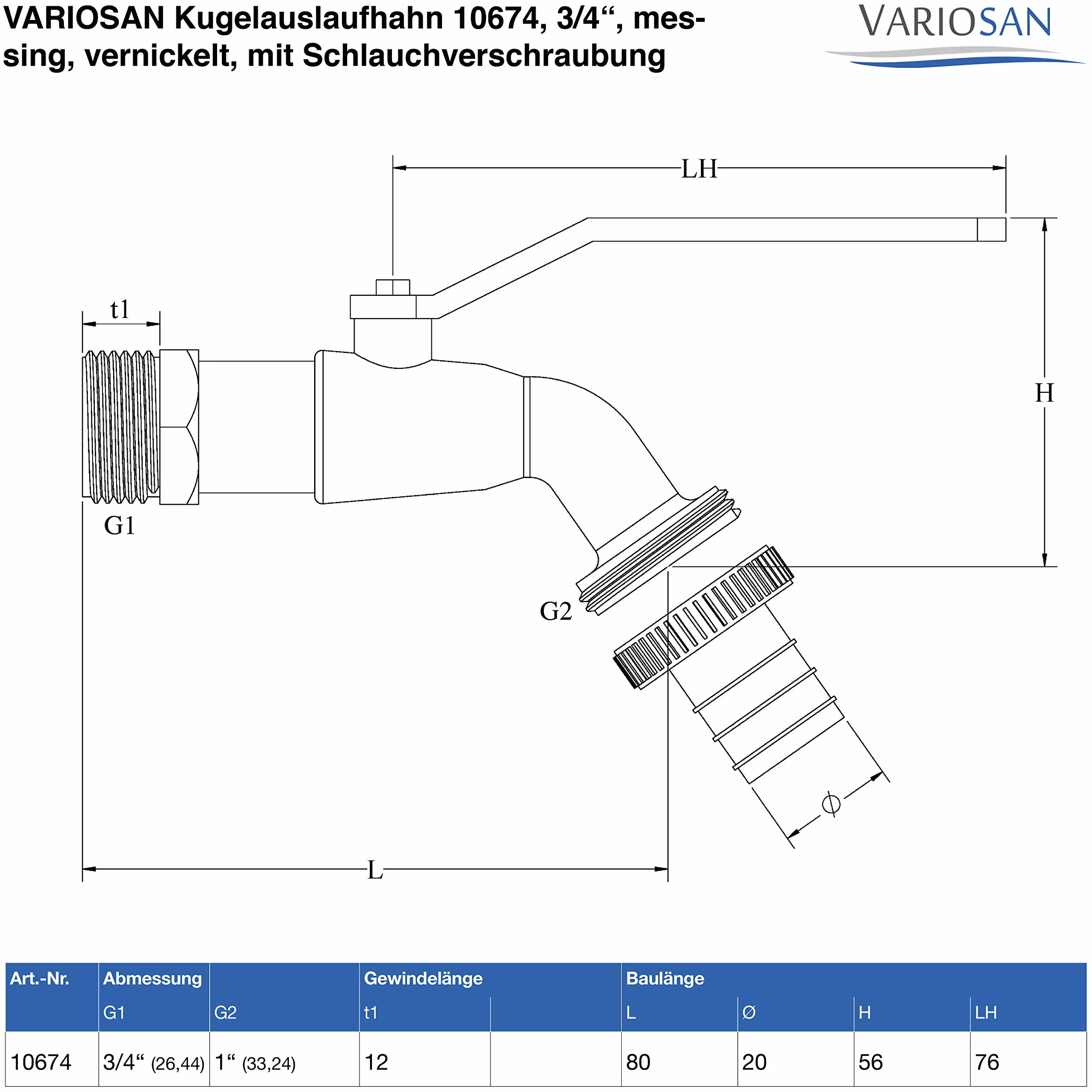 VARIOSAN Traversée de fût de Pluie Robinet de Sortie à Bille Ensemble 3/4" Laiton