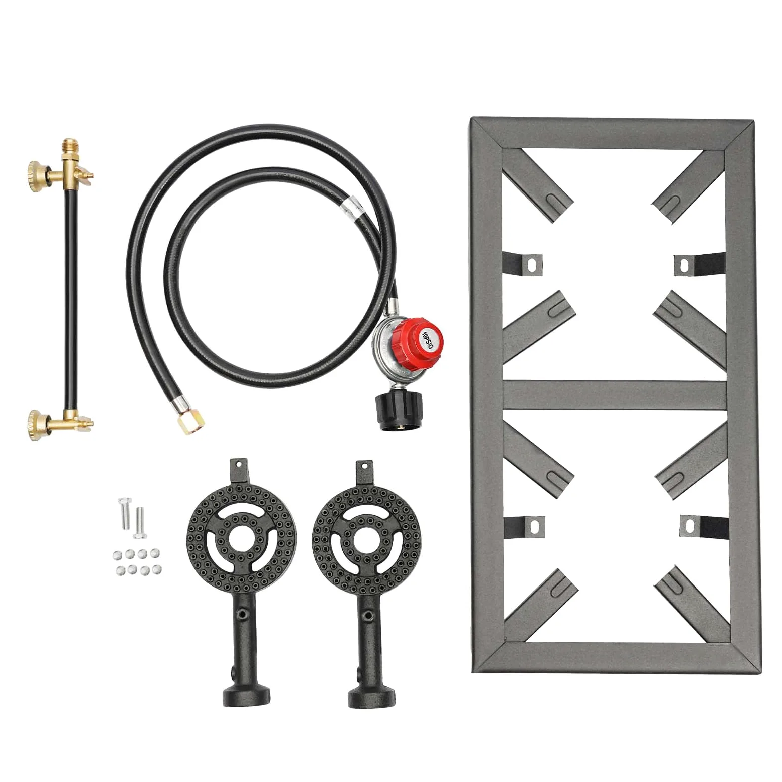 Réchaud à gaz extérieur 48x25x11cm Noir Réchaud à gaz sur Pied 8000W Double brûleur en Fonte avec régulateur Tuyau, Barbecue à gaz Portable pour Camping Jardin BBQ Pieds Fixes Portable Léger ‎