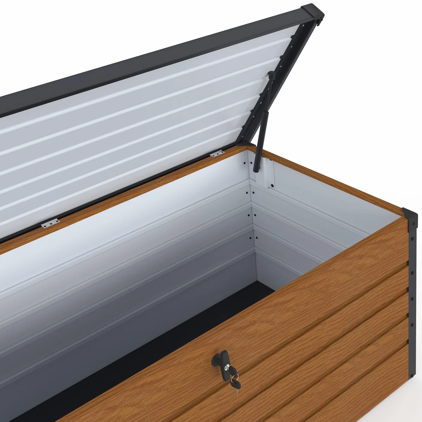 IDMarket - Coffre de rangement métal verrouillable effet bois et gris pour jardin 600L 165x70x63 cm