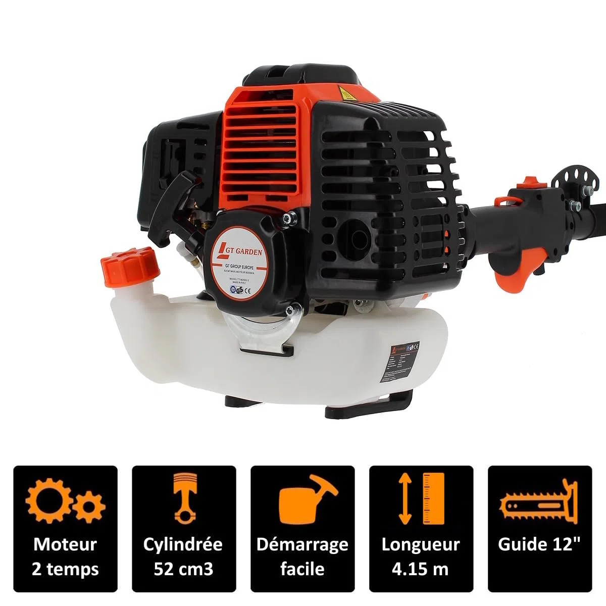 GT GARDEN Élagueuse thermique sur perche avec tête orientable, 52 cm3, 3 CV, longueur 4.15 mètres