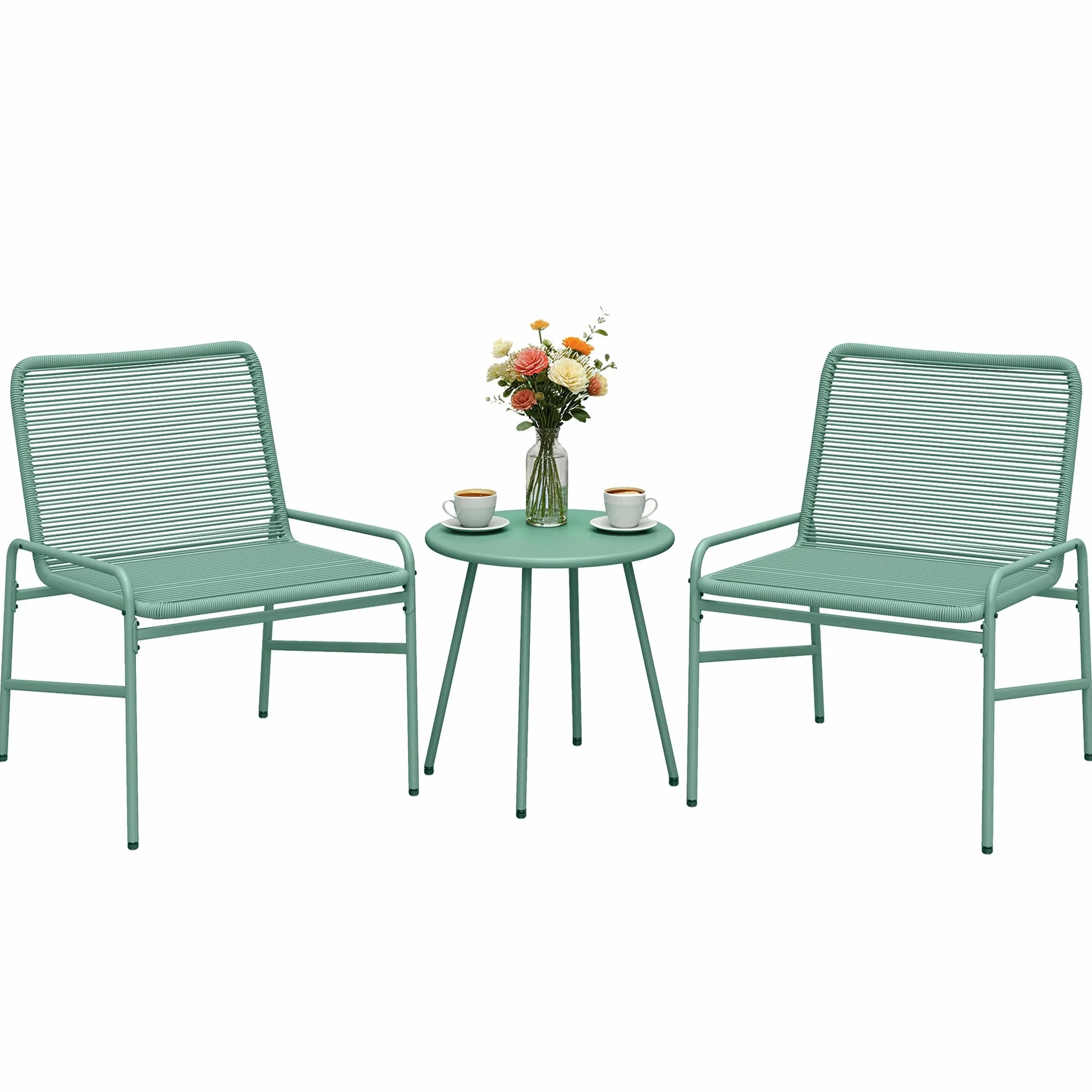 Outsunny Salon de Jardin Extérieur 3 Pièces en Résine Tressée, Table de Jardin Ronde avec 2 Chaises, Pieds Ajustables, Cadre en Acier Galvanisé, Mobilier de Jardin pour Balcon Terrasse Patio, Vert