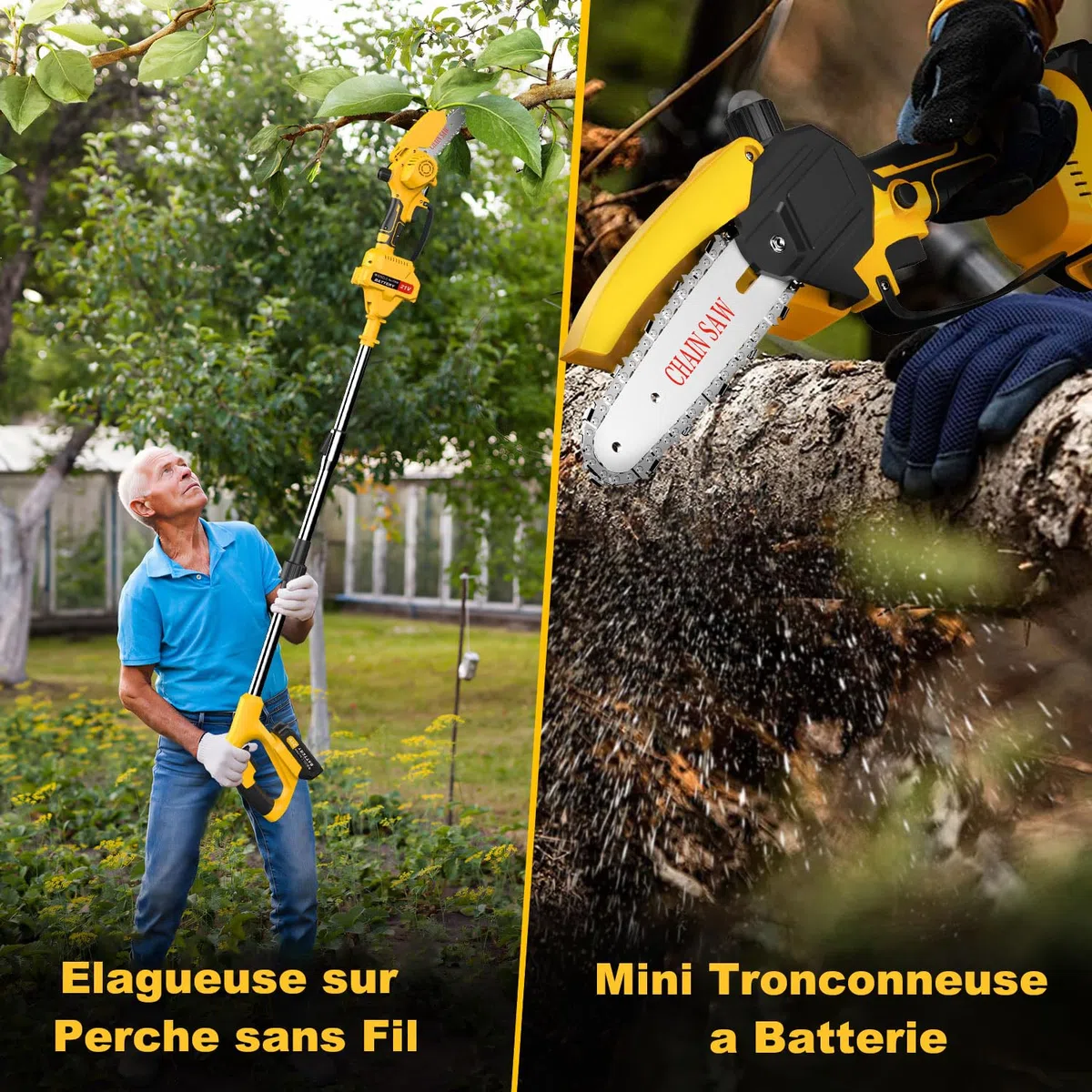 2 EN 1 Tronçonneuse à Batterie Télescopique & Elagueuse sur Perche sans Fil Mini Tronconneuse avec 2 Batteries Coupe Branche Electrique avec Système de Lubrification Tête Pivotante pour Jardin