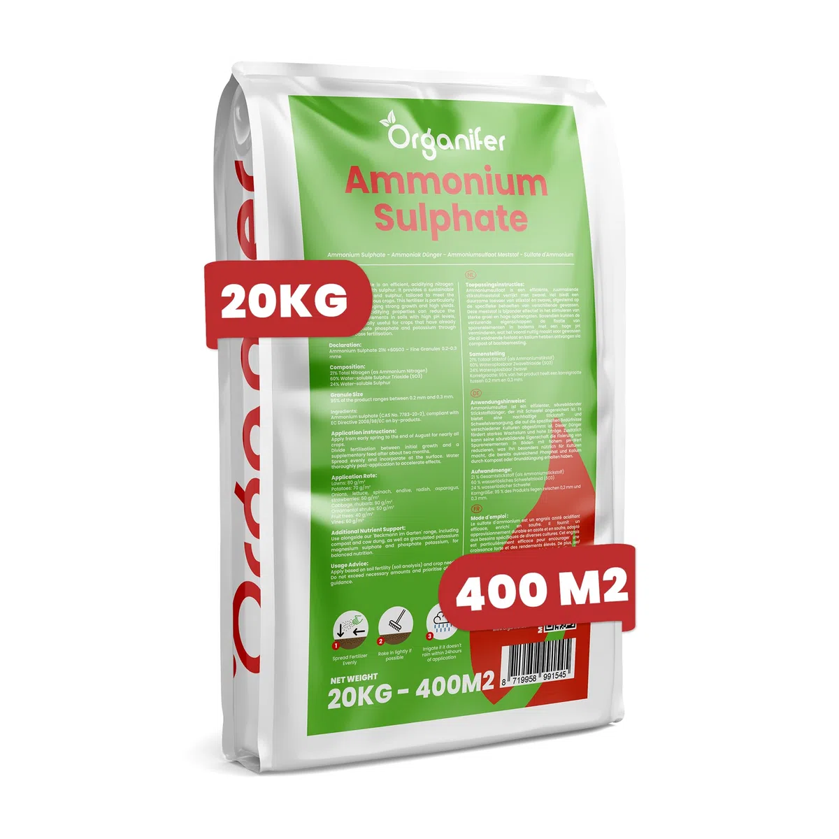 Engrais Au Sulfate D'Ammonium - 20 Kg Pour 400 M2 - Azote Minéral Et Soufre - Action Rapide - Idéal Pour Les Pelouses, Les Légumes, Les Fruits Et Les Plantes Ornementales - Organifer