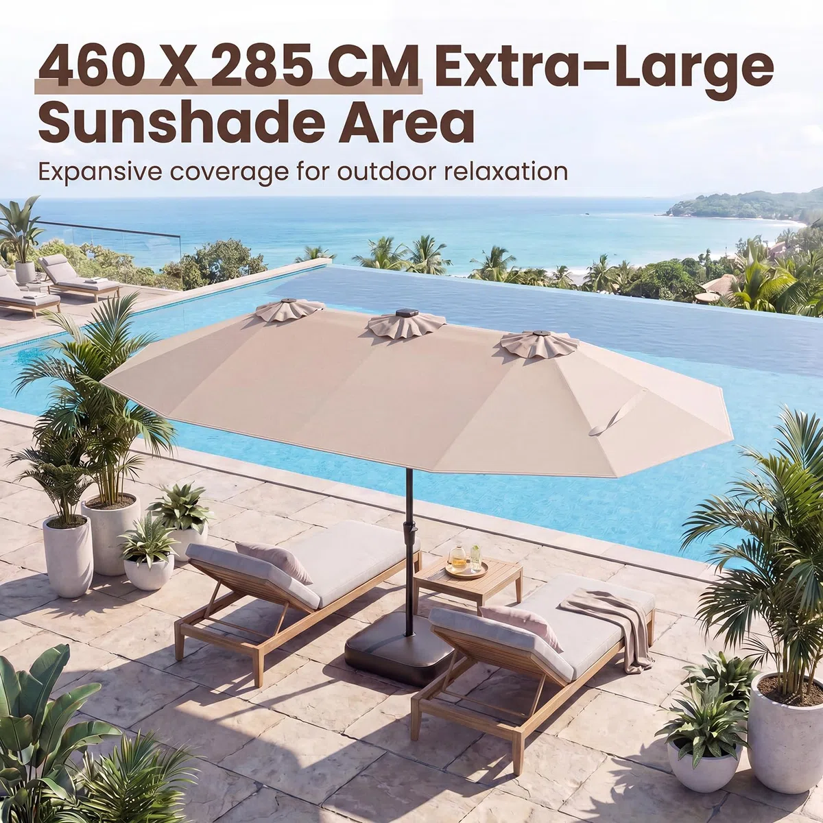 GOPLUS Parasol de Jardin Exterieur avec Pied, 4,7x2,8M Grand Parasol Double Face avec LED Solaires, Manivelle, 12 Baleines, Protection Solaire, pour Terrasse Patio Marché, Beige