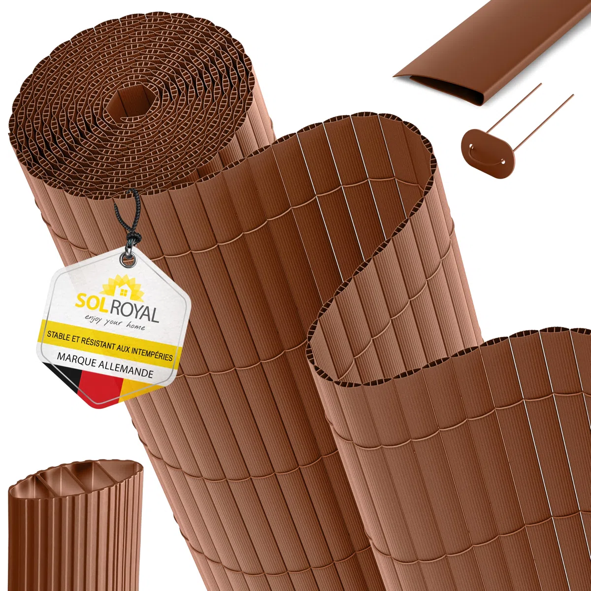 Sol Royal Canisse PVC 180x300 cm avec Triple Renfort – Canisse Brise-Vue Balcon PVC Cache Vue & Cloture Jardin Exterieur – Clips & Profilé de Finition Inclus Résistant Intempéries Anti-UV – Marron