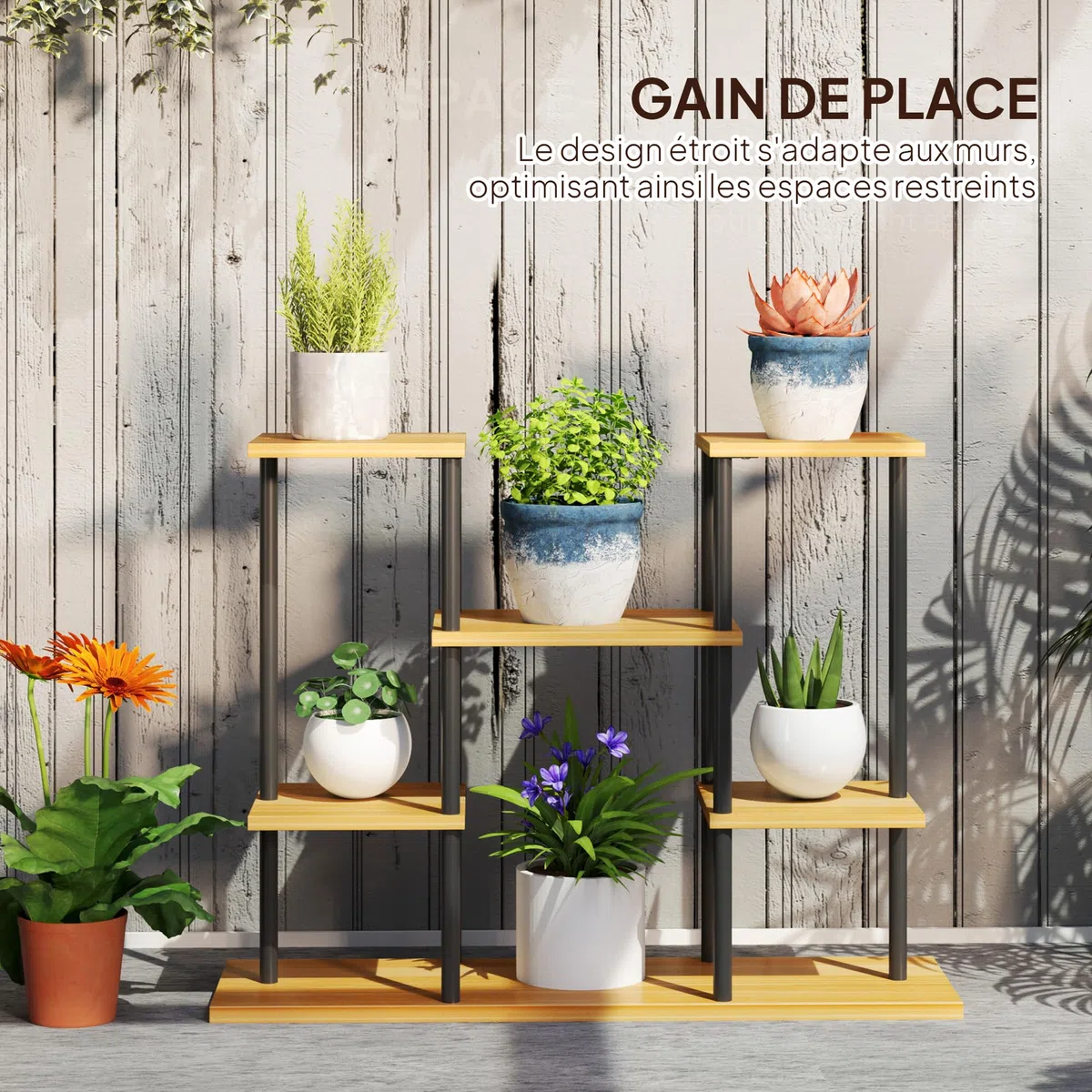 Outsunny Support plantes intérieur, étagère plante à 6 niveaux, cadre en acier base en bois massif, porte plante pour salon, balcon, jardin, bois naturel
