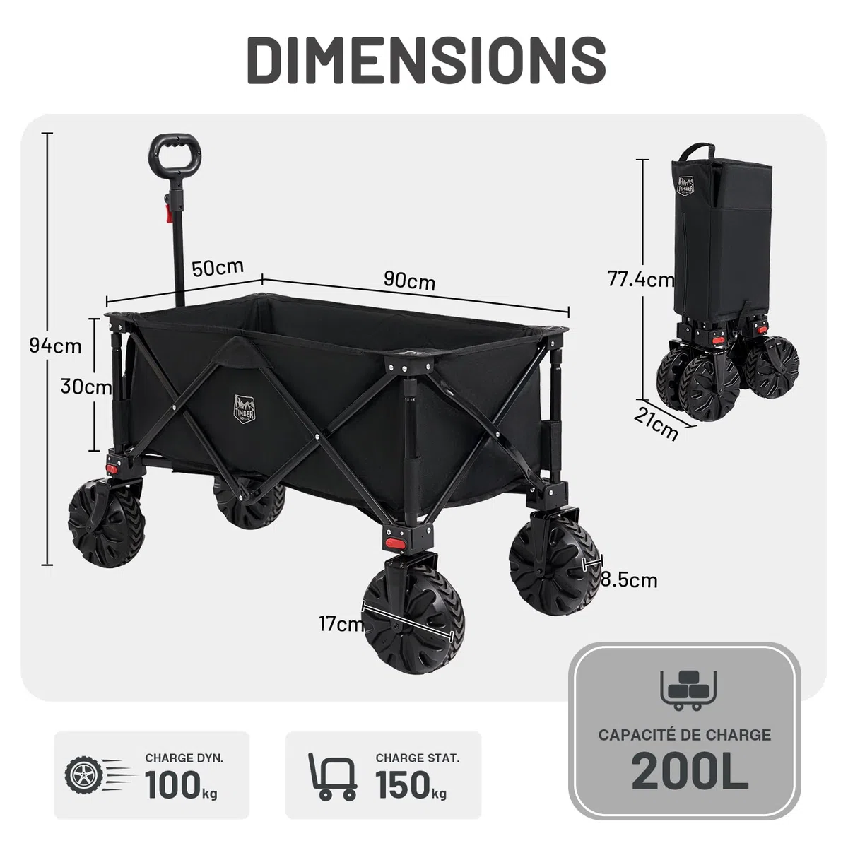 TIMBER RIDGE XXL Chariot de Transport Pliable avec Frein Chariot Plage à roulettes Tout Terrain Roues Amovibles Poignée Réglable Poche Latérale pour Jardin Plage Camping Pique-Nique BBQ Match