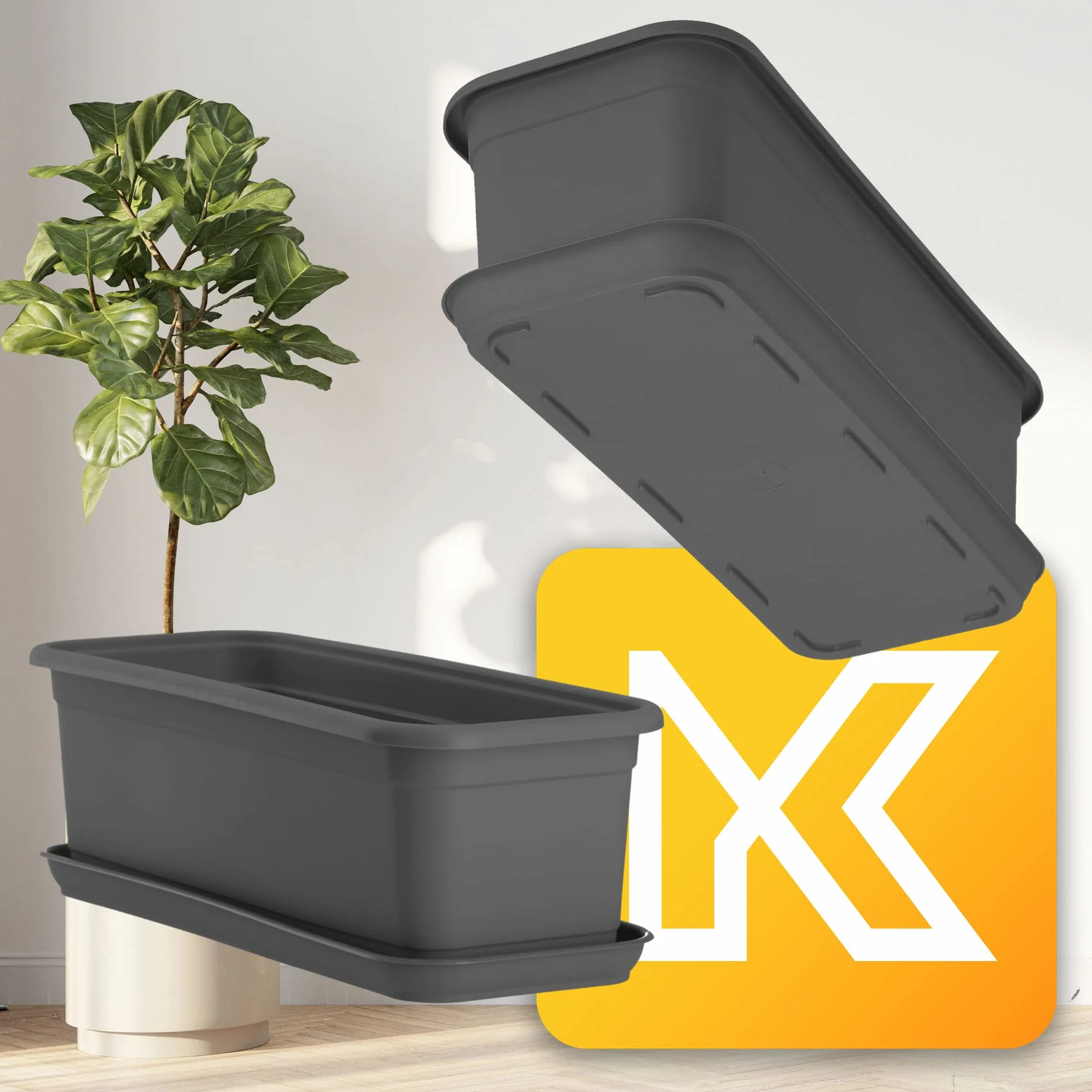 KADAX Jardinière de balcon 40 cm Anthracite avec soucoupe - Pot de fleurs plastique intérieur extérieur