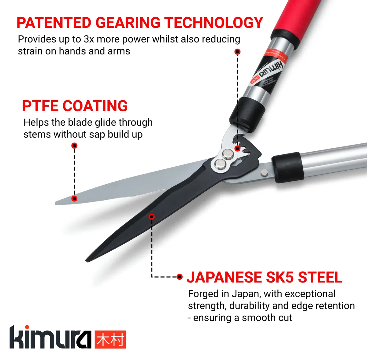 Cisailles de jardin Kimura Pro, cisailles à haies de qualité supérieure avec poignées en aluminium léger, lames japonaises tranchantes SK5, technologie brevetée, acier antirouille - 560 mm