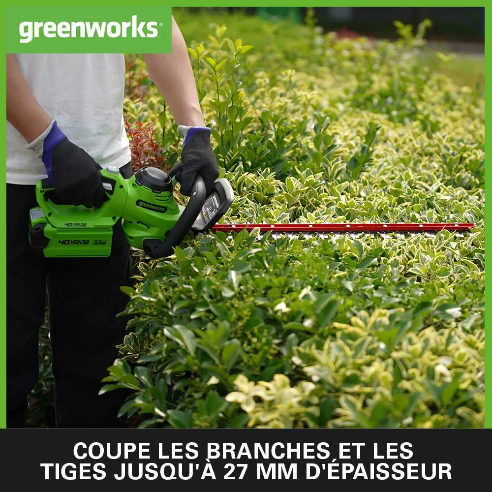 Greenworks G40HT61K2, Taille-Haie à Batterie, Lames Double Action 61 cm, Coupe jusqu'à 27 mm d'Épaisseur, 3000 tr/min, Batterie 40V 2Ah et Chargeur, Garantie 3 Ans