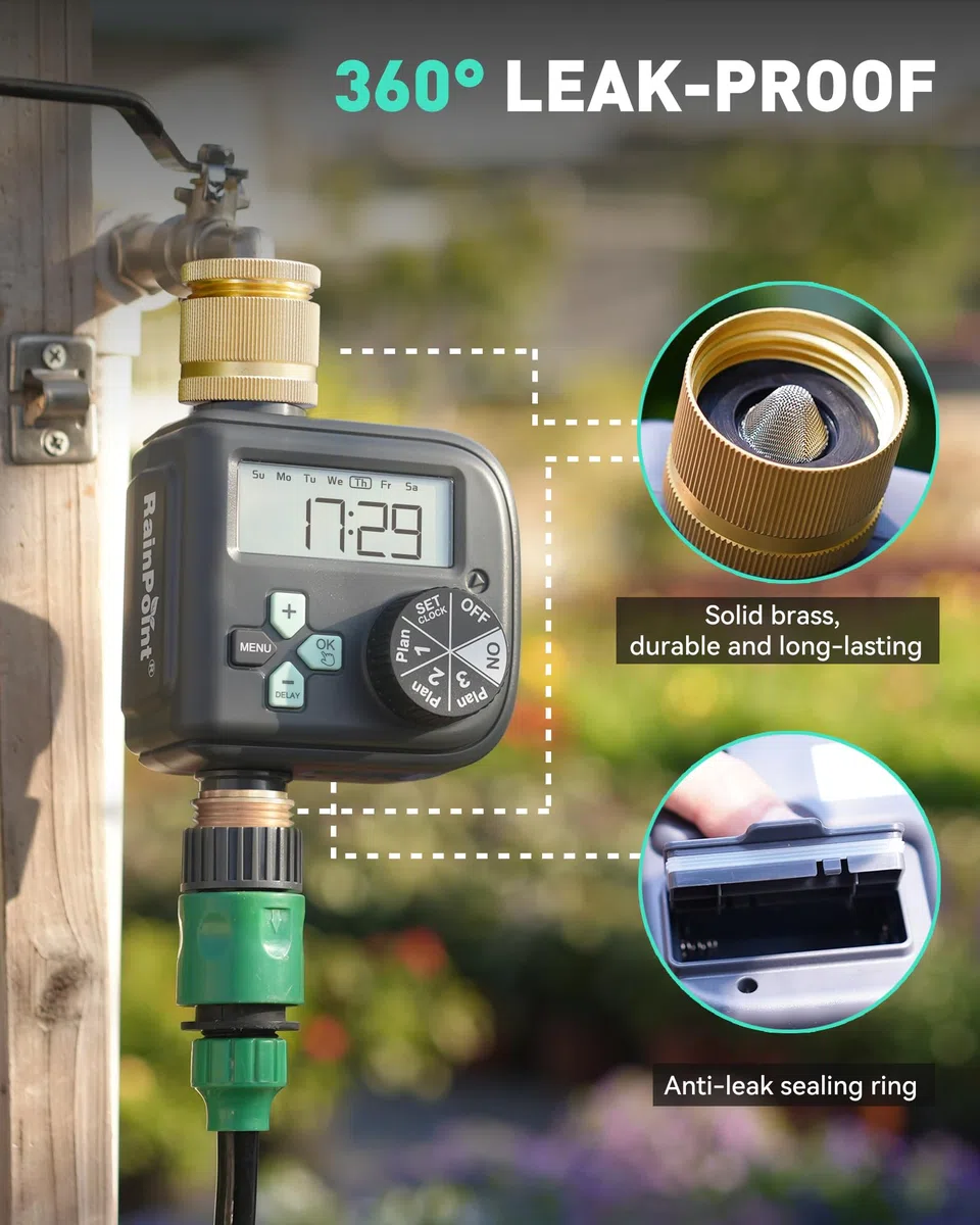 RAINPOINT Programmateur Arrosage Automatique avec Entrée et Sortie en Laiton, 3 Horaires, Retard De Pluie, Programmable par Semaine/Heures et Jours d'intervalle, Programmateur d'arrosage pour Jardin