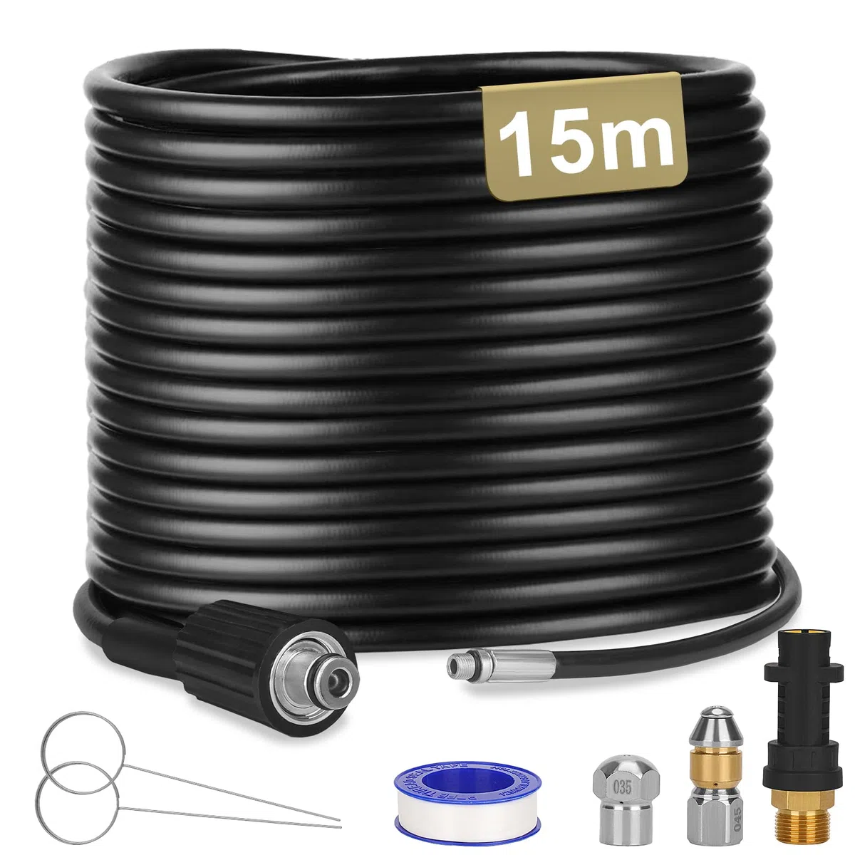 15m Tuyau Déboucheur Canalisation pour Nettoyeur Haute Pression Kärcher K1 K2 K3 K4 K5 K6 K7, avec Buses à Jet et Rotative & Adaptateurs pour un débouchage efficace des tuyaux à 180 bars