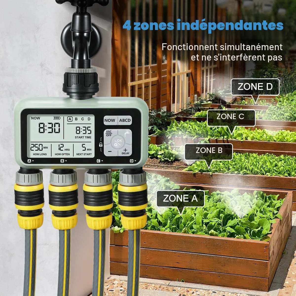 CROSOFMI 4 Voies Programmateur Arrosage Automatique Minuteur Arrosage pour Jardin Programmateur Robinet Arrosage Connecté/Mode Verrouillage Enfant/Mode Automatique & Manuel/Retard De Pluie/IPX5
