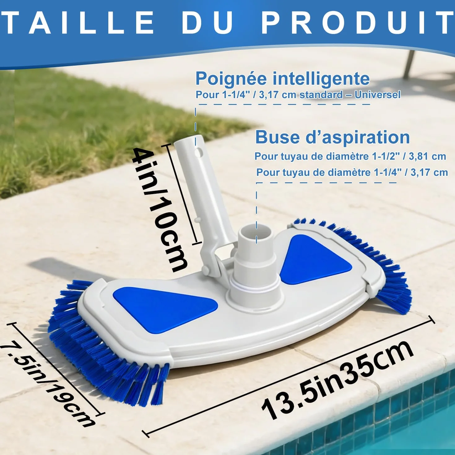 Brosse de Piscine avec Raccord d'Aspiration 35 cm, Tête d'Aspirateur de Fond, Raccord Rotatif 32-38 mm