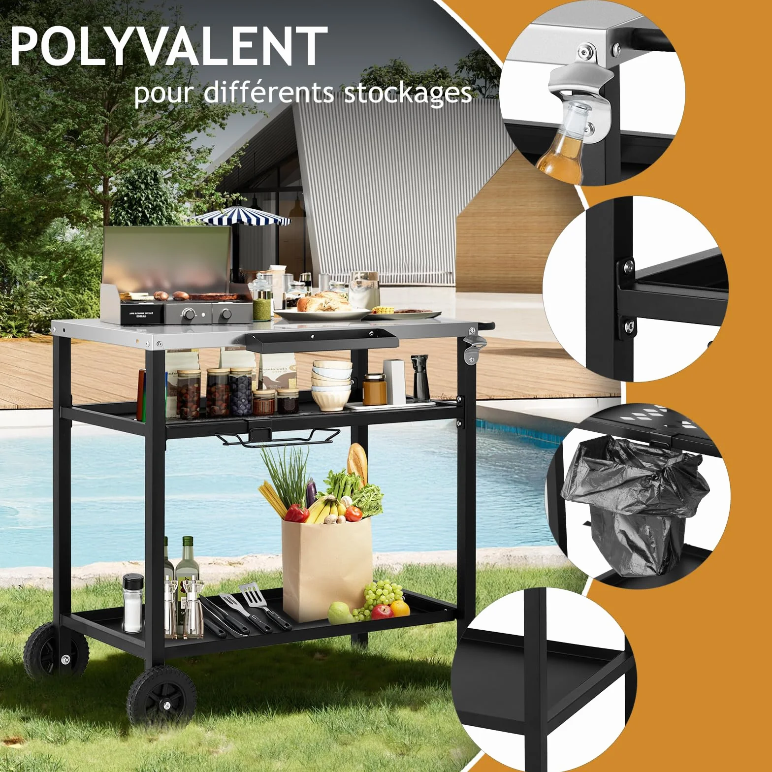 LEADZM Dessertes de Jardin, Chariot de Barbecue Mobile à 3 Niveaux, 97 x 51 x 83 cm, Établi en Acier Inoxydable argenté - desserte Exterieur, Panier avec Filet, Noir