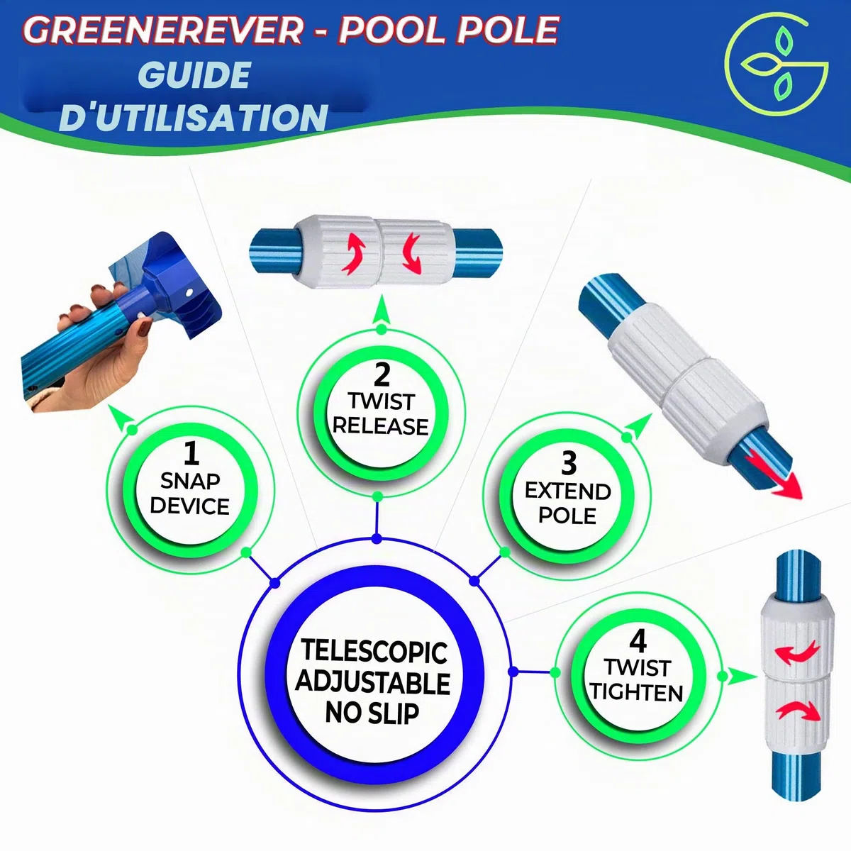 Perche de Piscine 270 cm en Aluminium pour Filets Skimmer Tige Télescopique Têtes d’Aspiration pour Tuyaux Râteaux Brosses | Longueur Réglable | 1,3 mm Perche Épaisse | Finition Bleue