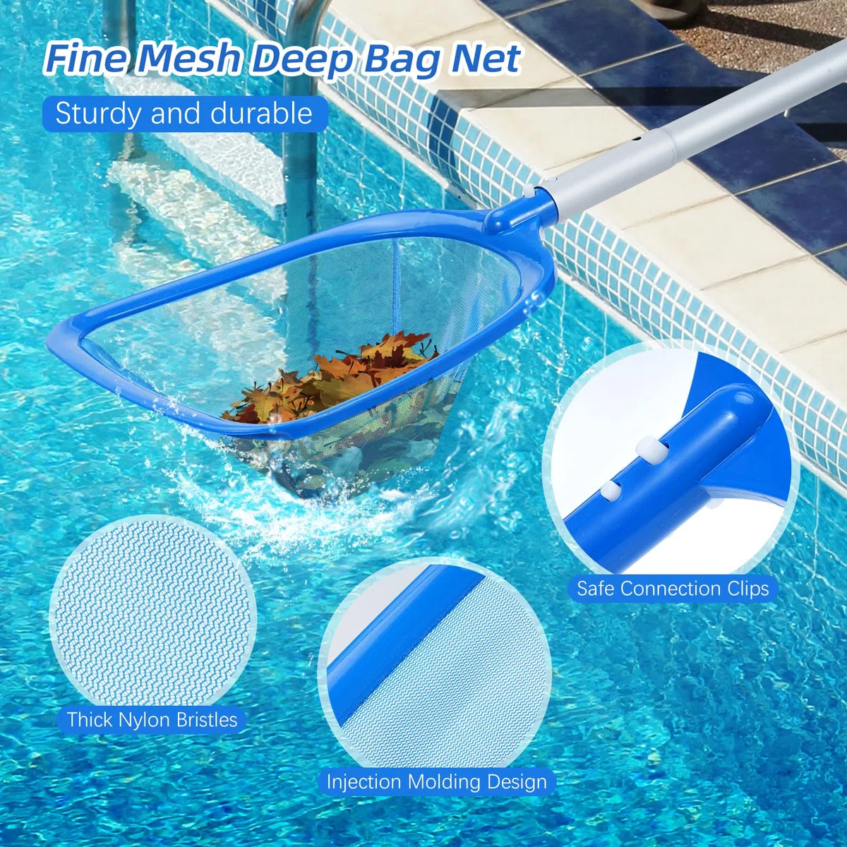 Balai Brosse Piscine Épuisette Piscine Kit de Nettoyage de, 2 Brosse Éponge, Brosse de avec Extrémités Rondes avec 170CM Télescopique Réglable pour Nettoyer la Fontaine Bassins