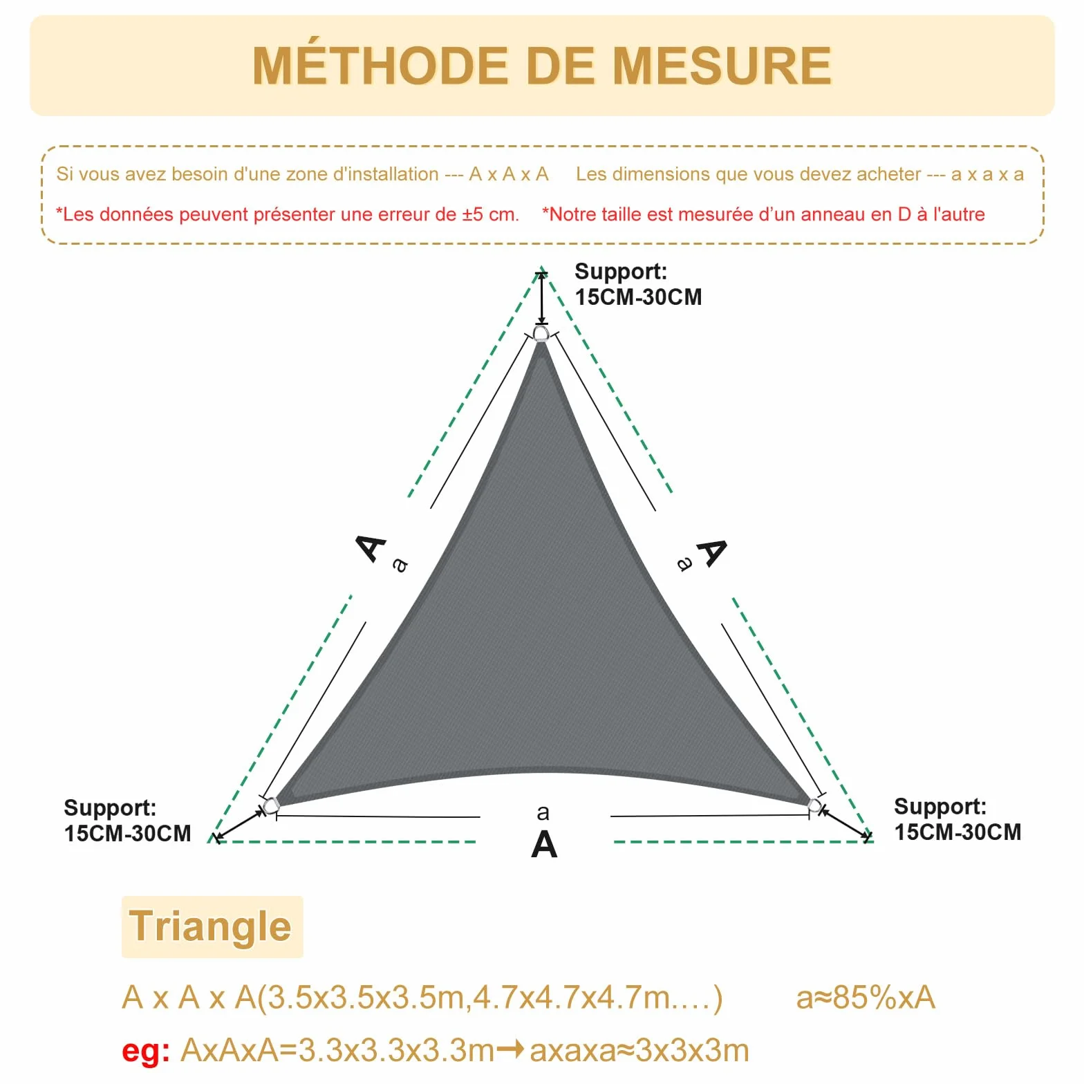 HENG FENG Voile d'ombrage Triangulaire 3x3x3m Toile imperméable Oxford 95% UV Anthracite
