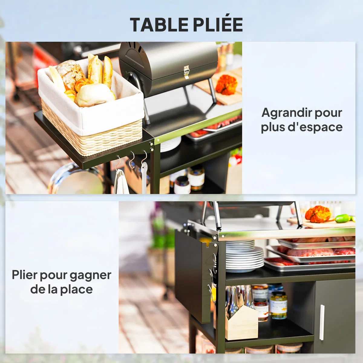 Outsunny Desserte de Jardin Chariot de Barbecue avec Plateau en Acier Inoxydable, Tablette Rabattable et Crochets, Housse Fournie, Meuble de Service Extérieur à roulettes pour Plancha, 127x51x84cm