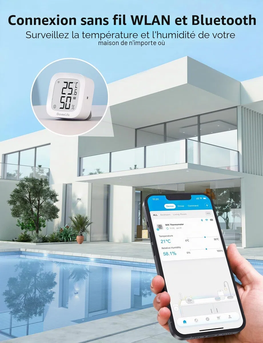 GoveeLife Hygromètre Wi-Fi Thermomètre numérique Température Humidité Intérieur Contrôle à distance Notification Application Stockage Données