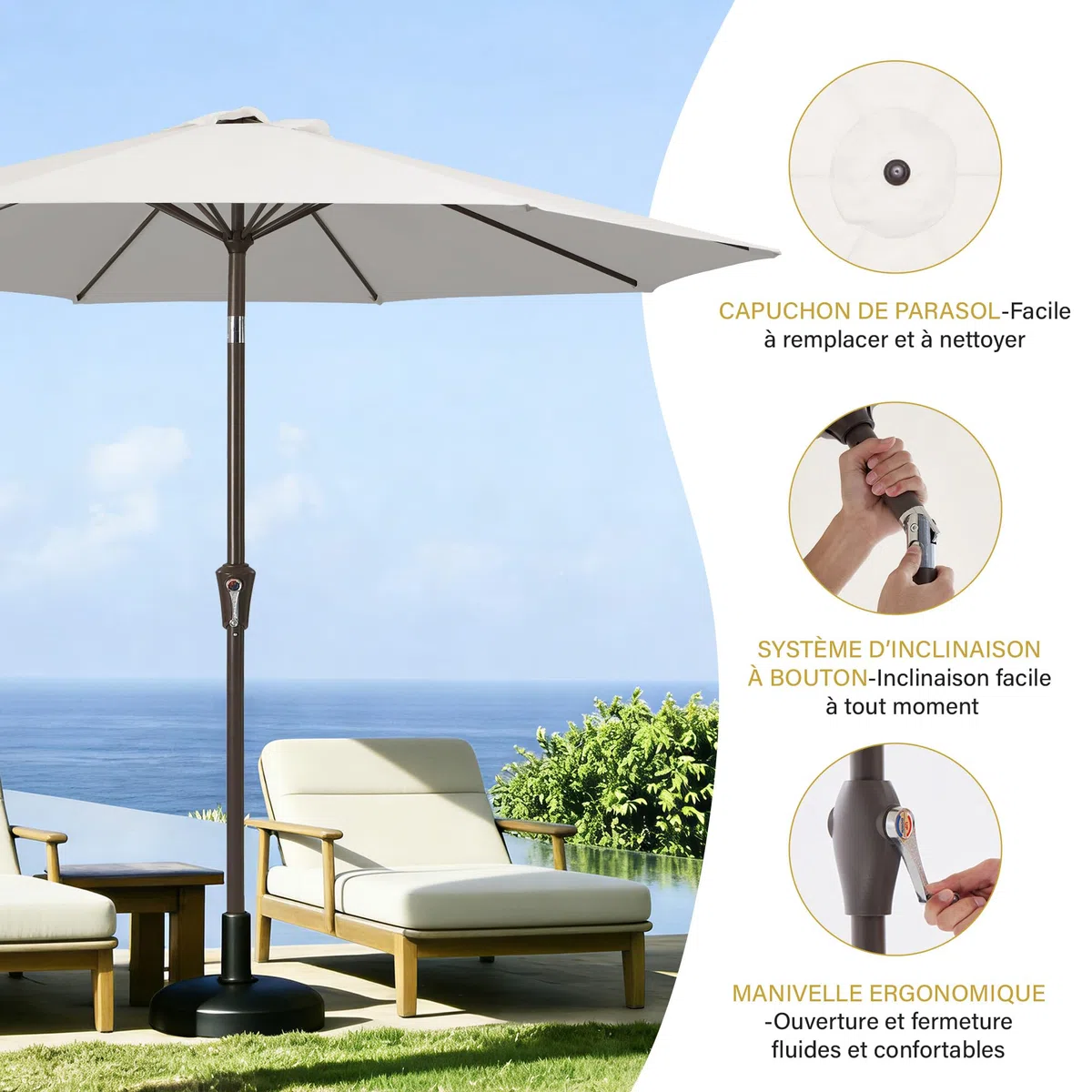 Palawano 2.7M Parasol de Jardin Exterieur Anti UV et Vent, Parasol Terrasse Balcon avec Manivelle pour Café, Jardin, Piscine et Arrière-Cour (Blanc Crème)