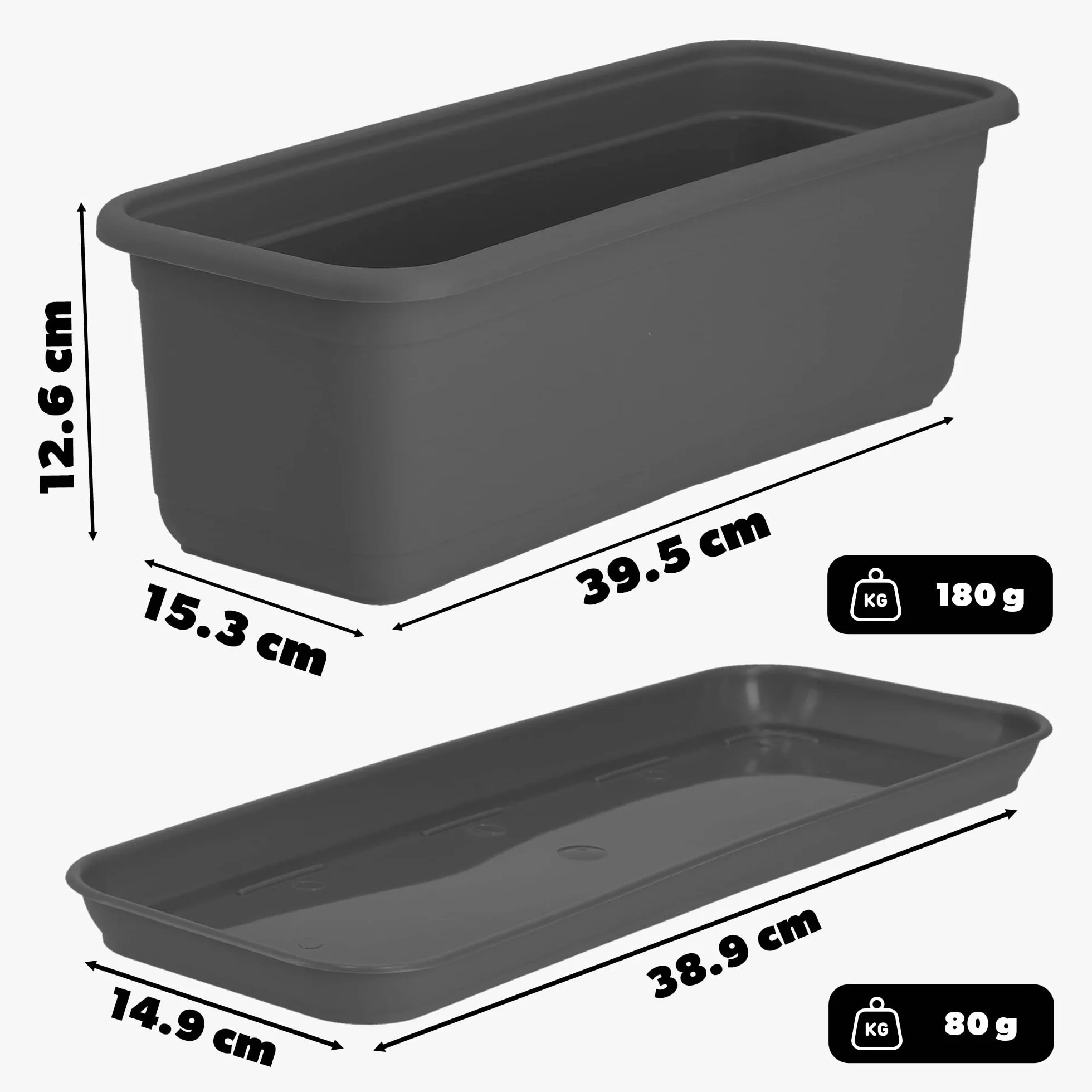 KADAX Jardinière de balcon 40 cm Anthracite avec soucoupe - Pot de fleurs plastique intérieur extérieur