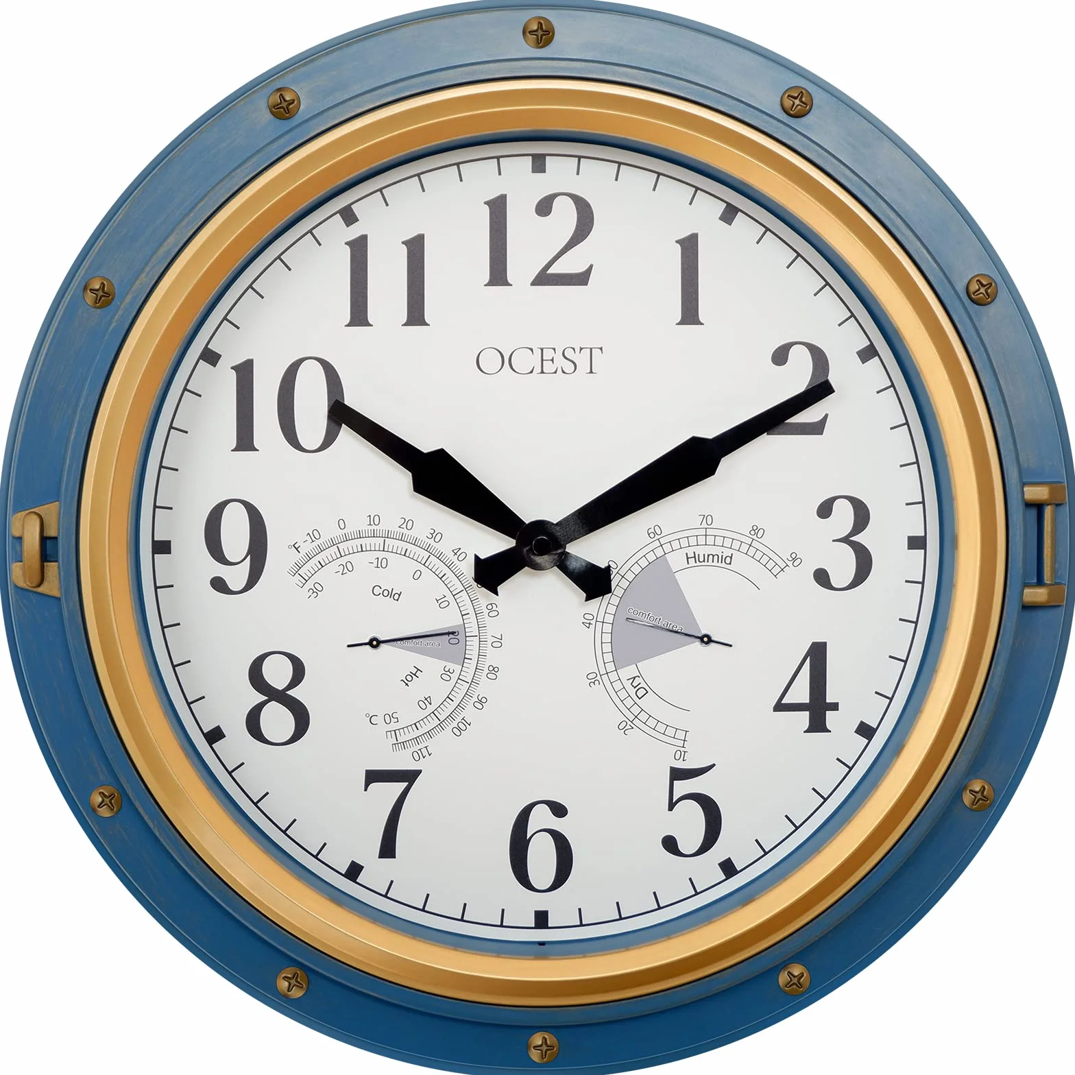 OCEST Horloge de jardin étanche de 40,6 cm, grand thermomètre, hygromètre, design rétro, sans tic-tac, fonctionnement à pile, pour décoration de maison et patio (bleu)