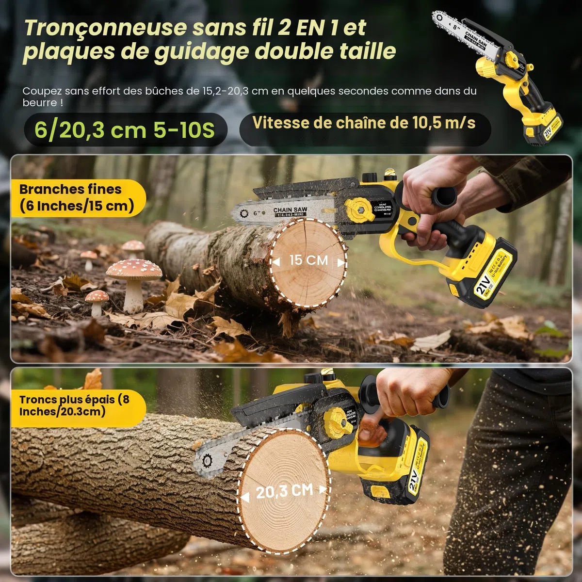 Mini Tronconneuse à Batterie, 8000 mAh Tronçonneuse Électrique Sans Fil, 1000W 8 & 6 Pouces Tronconneuse à Batterie pour Branches et Jardin,avec Système D'huile Automatique, Compatible avec Makita 18V