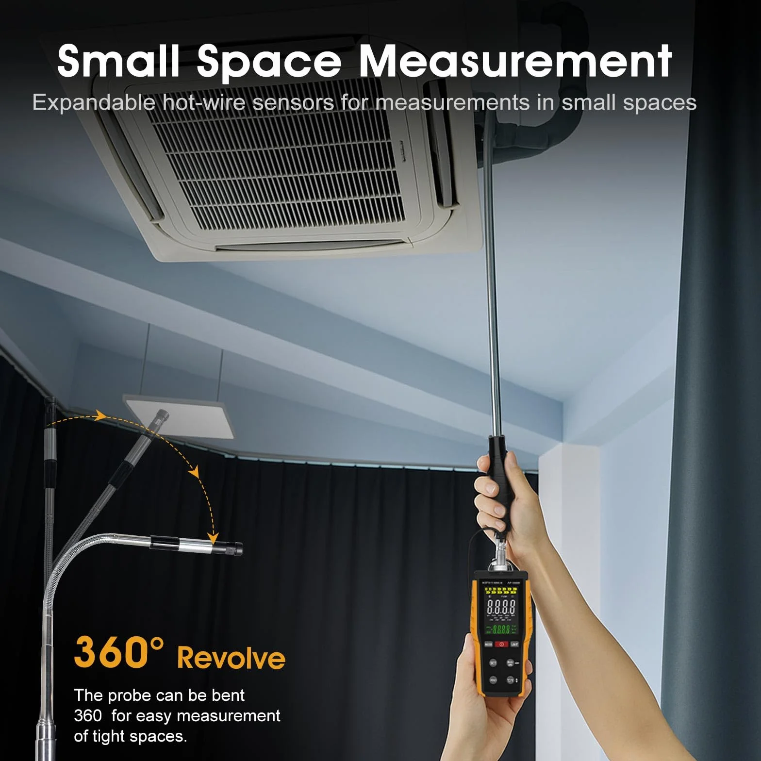 Anémomètre Portable, Anémomètre à fil Chaud pour CVC Avec Vitesse du Vent et Vitesse du Flux D'air 0,1-30 m/s CFM/CMM Débit D'air 0-999900 MAX/MIN/AVG Température et Rétroéclairage écran LCD AP-9000F