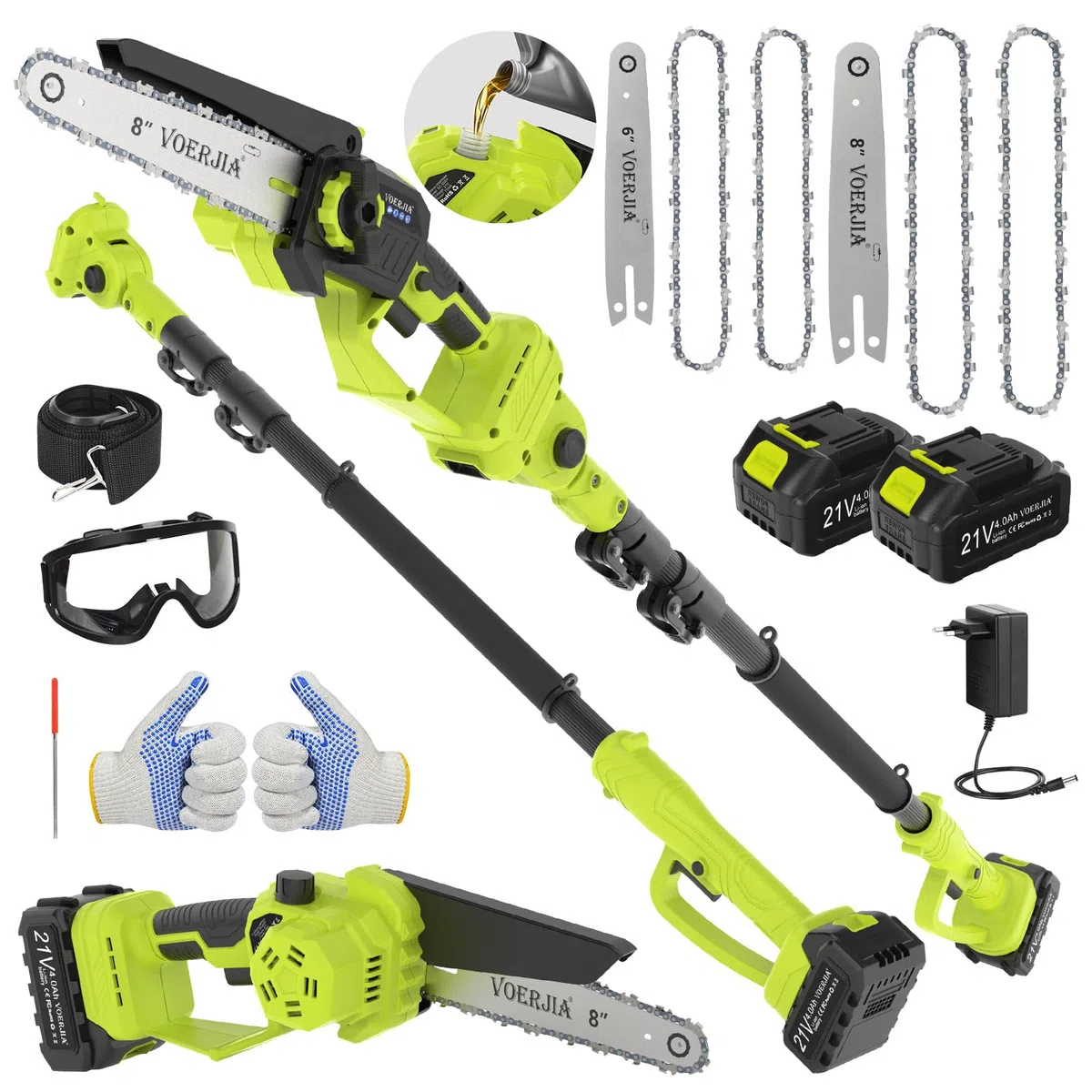 VOERJIA Élagueuse sur Perche 2-en-1 avec Mini Tronçonneuse 6” & 8”, Extension Jusqu’à 4,9 m, Moteur Brushless, 2×4.0Ah Batteries, Tronçonneuse Électrique Sans Fil pour Coupe Branches et Jardin