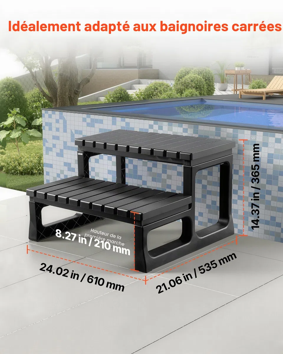 VEVOR Escalier de spa à 2 marches, marchepied de piscine gonflable robuste en PP 610 mm, capacité 145,15 kg, noir