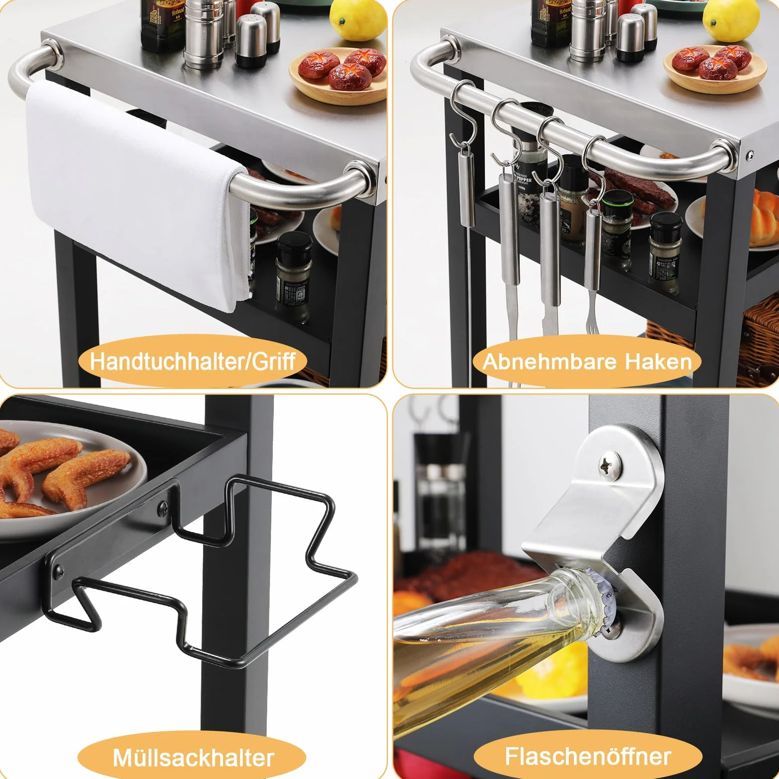 LIFERUN Chariot Barbecue 3 Étagères, Desserte Jardin avec Crochets et 2 roulettes, Desserte Extérieure Service Inoxydable, Chariot Plancha INOX, Table de Cuisine Extérieure Pizza, Terrasse, Jardin