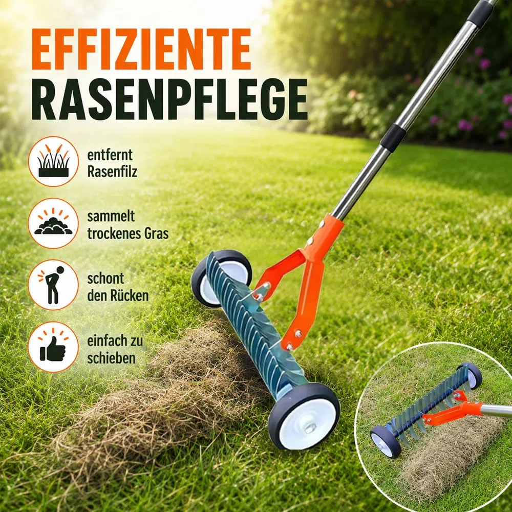 Scarificateur Manuel avec Roues,Verticuteur à Manche de 163 cm,Aérateur de Gazon avec Rouessac à déchets de Jardin,Grattoir de Jardin en Métal,Amovible, Verticuteur Réglable,Houe de Scarification