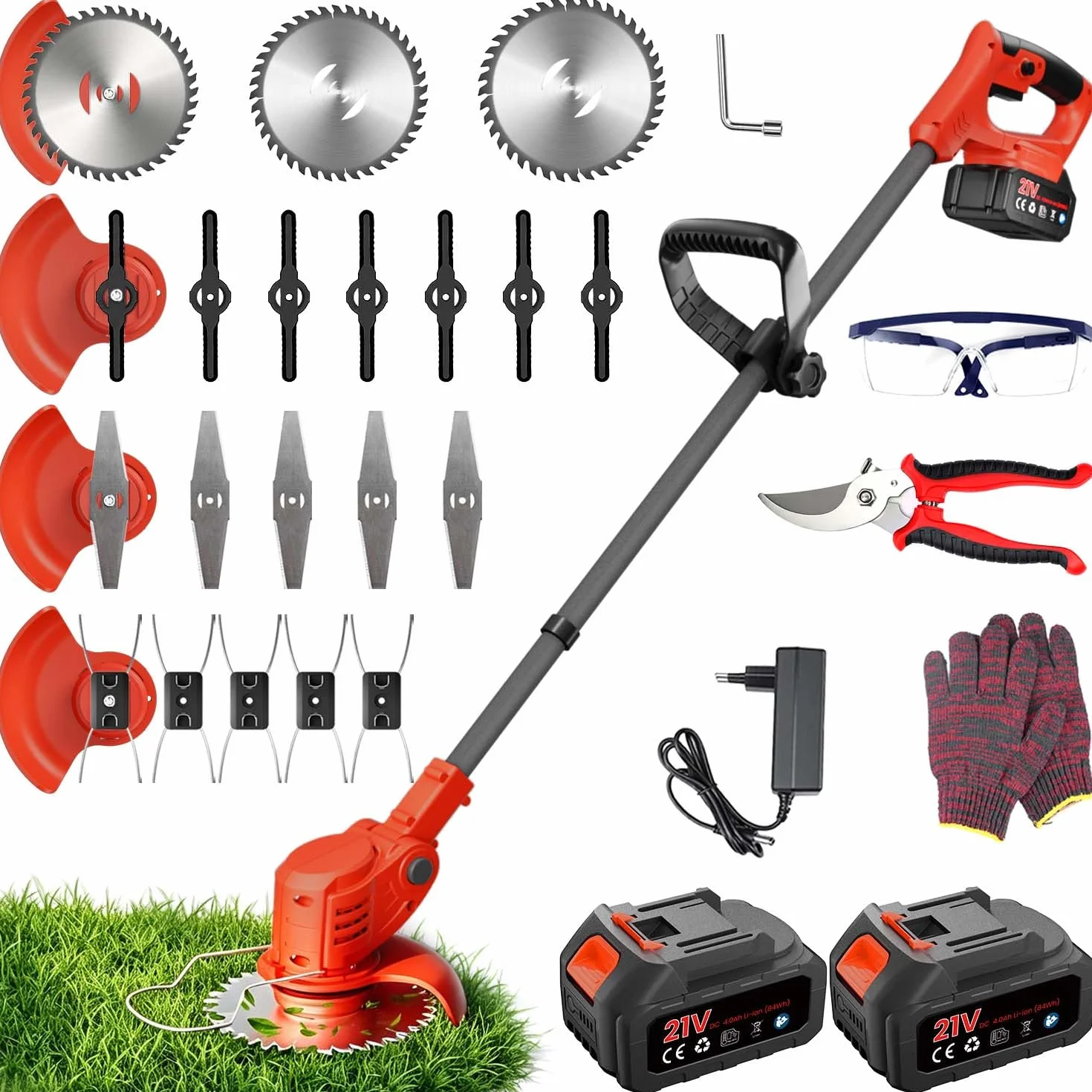 Débroussailleuse Électrique sans Fil 850W Brushless, 2 Batteries 4.0Ah, 4 Lames, Coupe-Bordure Jardin