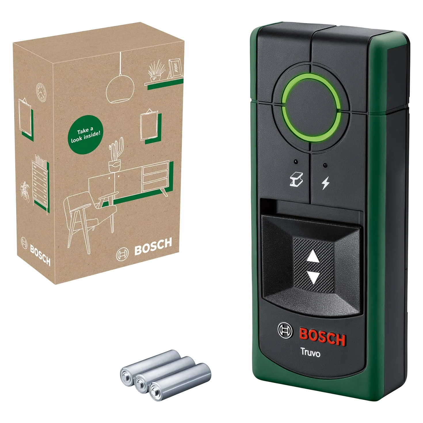 Bosch détecteur Truvo 2ème génération (commande par bouton unique, détection facile de câbles électriques sous tension et de métal jusqu’à 70 mm de profondeur, dans boîte carton e-commerce)
