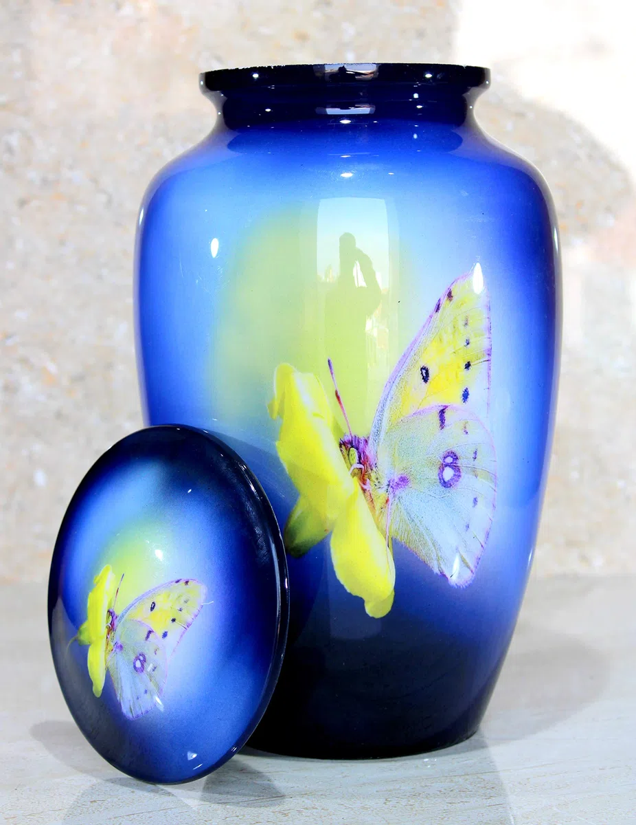 eSplanade Urne funéraire en métal | Urne funéraire taille normale pour cendres funéraires | Imprimé papillon jaune | Bleu – 25,4 cm
