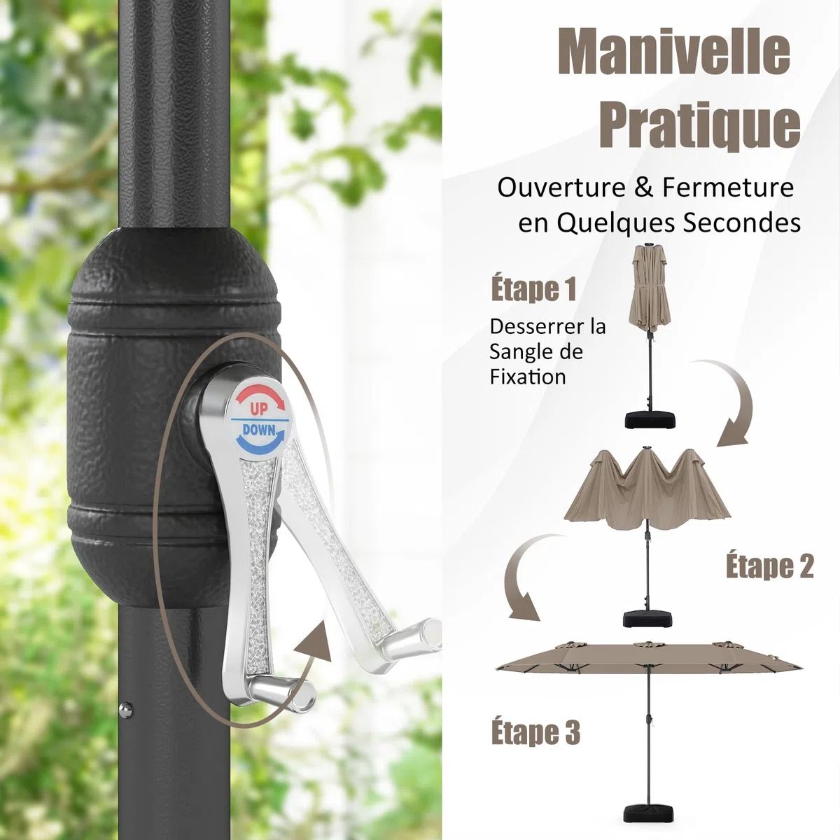 GOPLUS Grand Parasol de Jardin Exterieur avec Pied, 4M Parasol Rectangulaire Double Face pour 6 Personnes avec LED, Manivelle et Ventilation, pour Marché, Piscine, Terrasse, Balcon (Café)