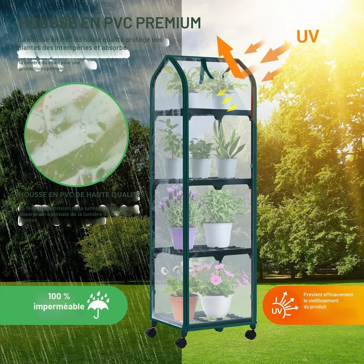 Ohuhu Mini serre à 4 niveaux avec roues pour intérieur et extérieur, petite serre en plastique portable avec housse durable pour semis, cadeau de jardinage idéal pour homme et femme, transparente