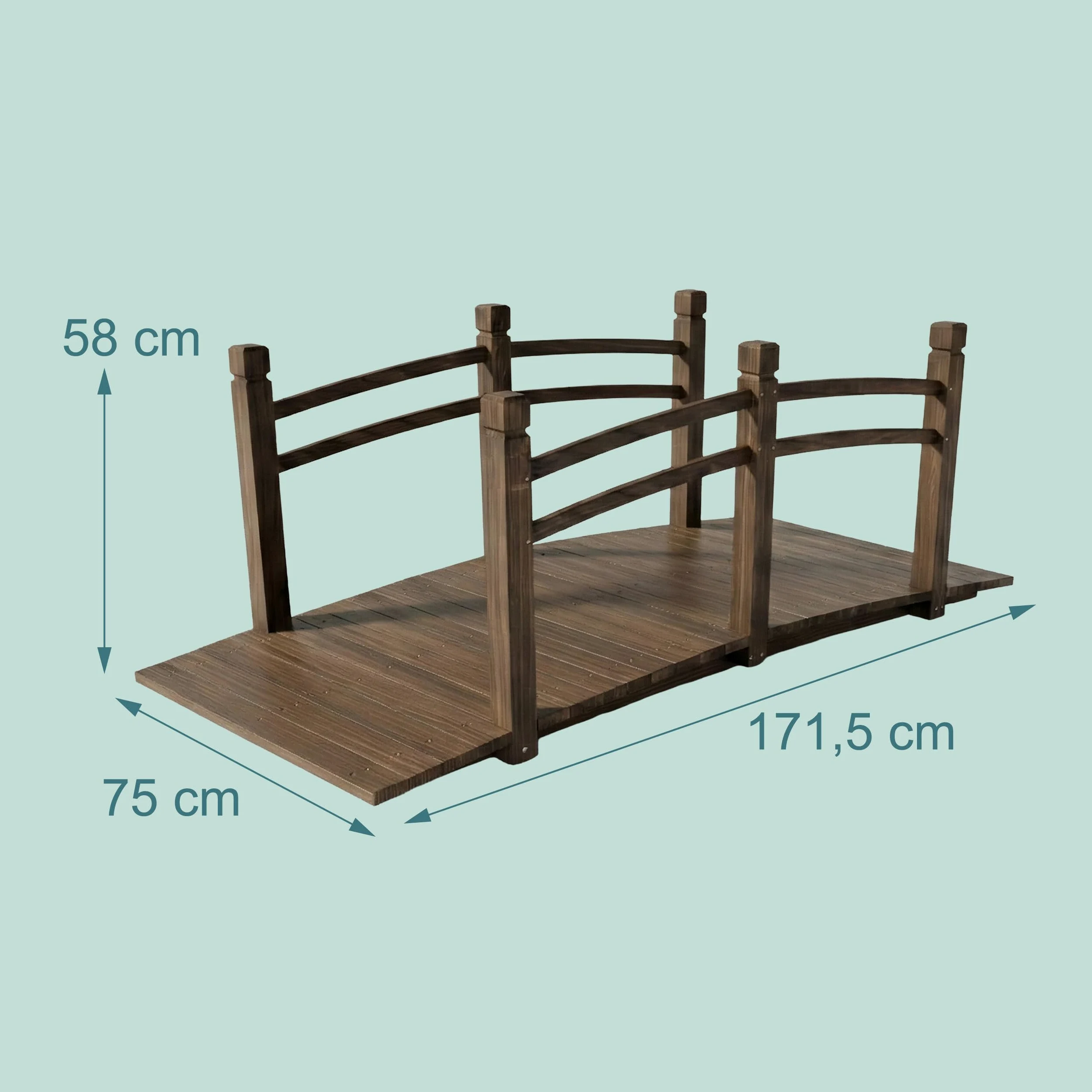 Relaxdays Pont de Jardin en Bois, Garde-Corps pour étang, Brun, 58 x 171,5 x 75 cm, 200 kg
