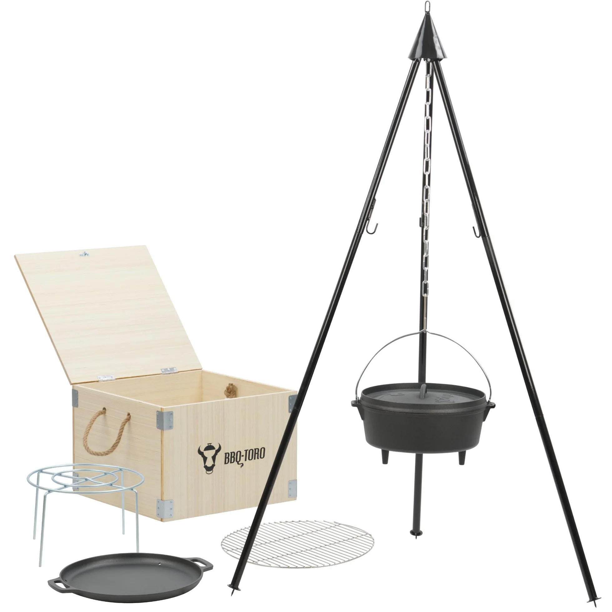 BBQ-Toro Kit de 6 Dutch Oven en Fonte Préassaisonnée avec Caisse en Bois, Poêle, Grille et Trépied pour Camping