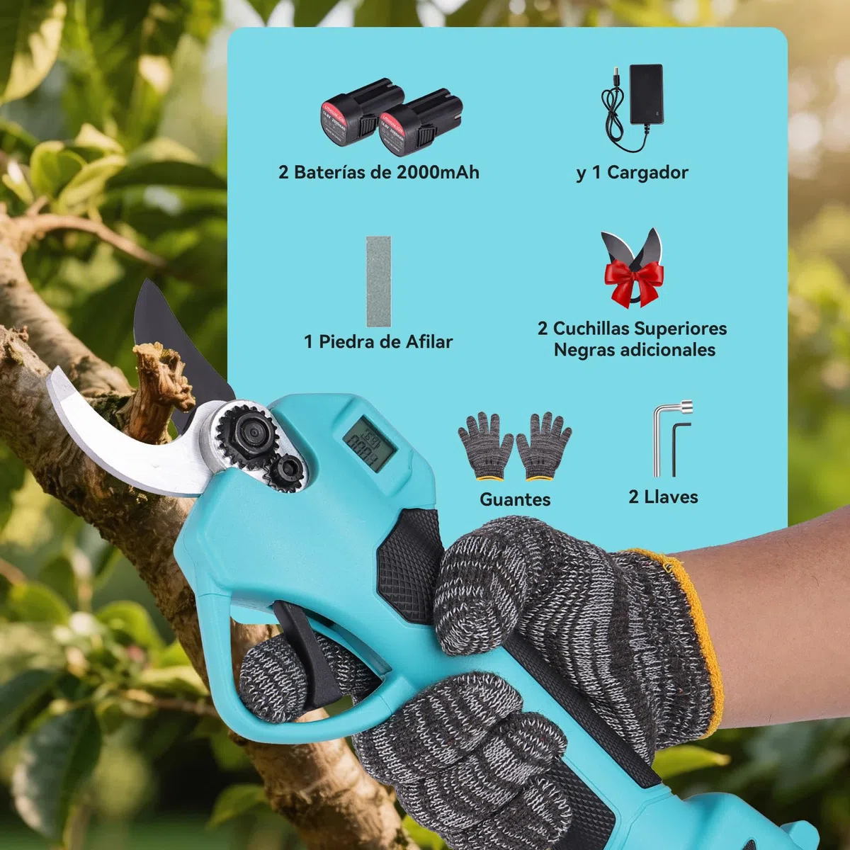 Sécateur Électrique Sans Fil, 35mm 2 Batteries 2.0Ah Sécateur à Batterie avec Moteur Brushless et Lames SK5 avec Revêtement PTFE pour Jardin Verger et Vigne Bleu