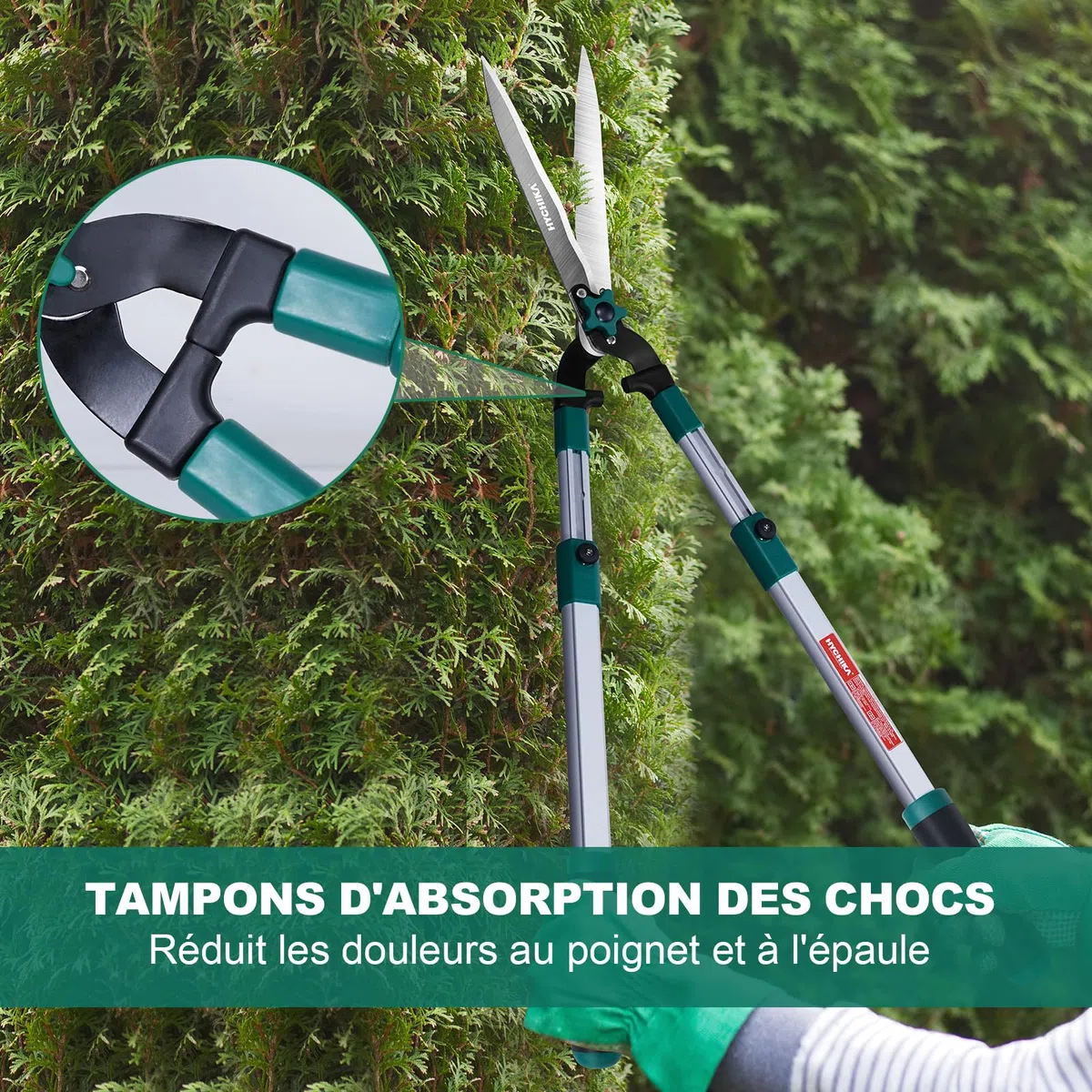 HYCHIKA Cisaille Haie Telescopique 111CM, Taille Haie Manuel, Cisailles à Haies, Lames en Acier Trempé, Lames de 214 MM, Cisaille de Jardin Pour Tailler les Haies et les Buissons