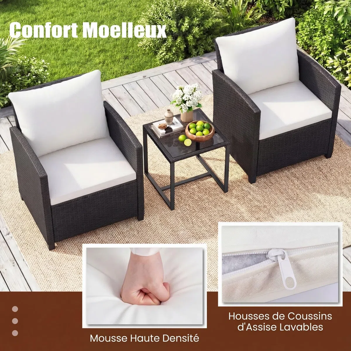 COSTWAY Ensemble Salon de Jardin 2 Personnes en Rotin PE, Mobilier d'Extérieur avec 2 Fauteuils Table Basse Plateau en Verre Trempé Coussins Amovibles, pour Terrasse Jardin (Noir+Beige)